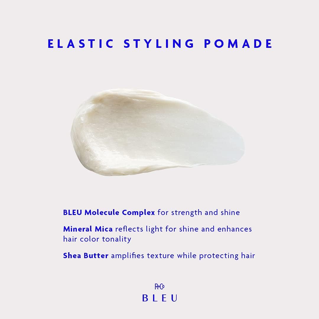 R+Co BLEU Elastic Styling Pomade with texturized, structured hairstyle showing piecey separation and definition in hair.