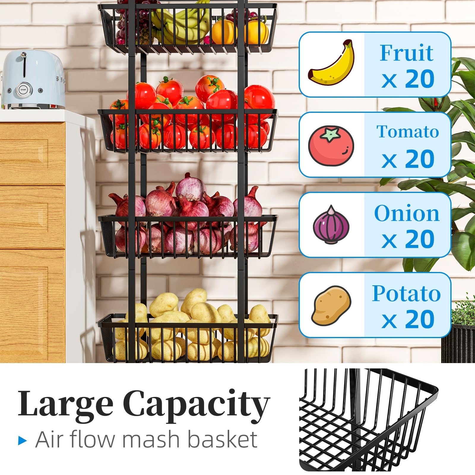 Simple Trending 4-tier rolling metal wire fruit and vegetable basket cart with handles, ideal for kitchen storage and organization