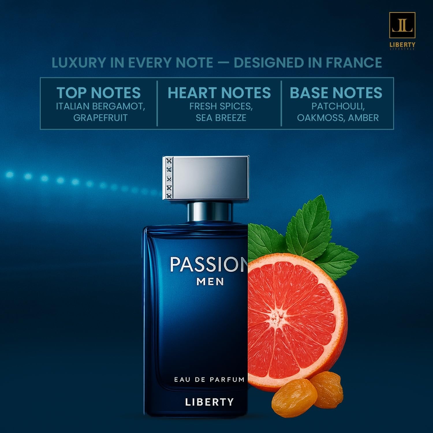 Liberty Luxury Passion EDP for Men with bold, spicy scent, featuring a sleek bottle design and long-lasting fragrance.