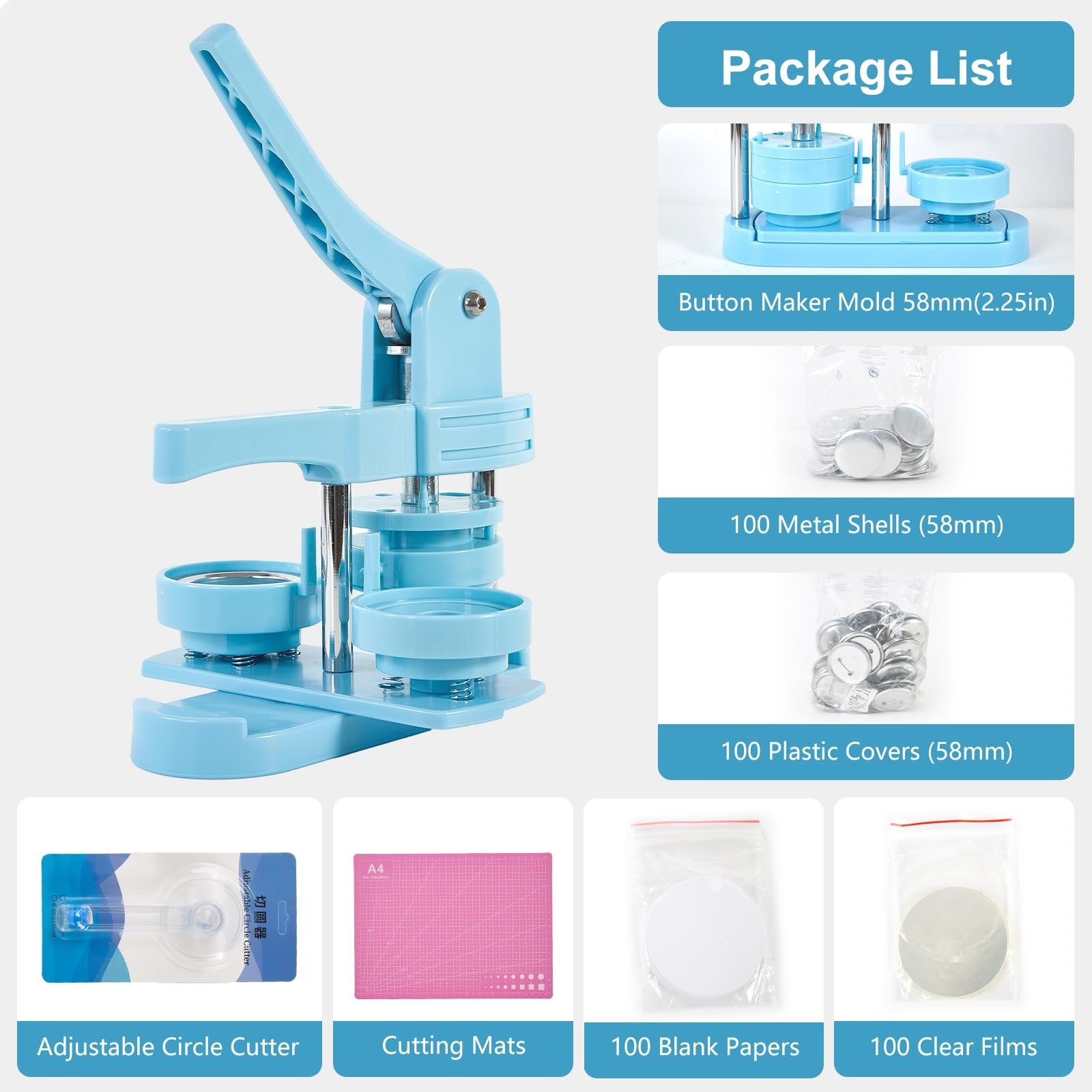 ALIESTFDNO button maker machine with 2.25-inch (58mm) die, showing the compact button pin creation process.