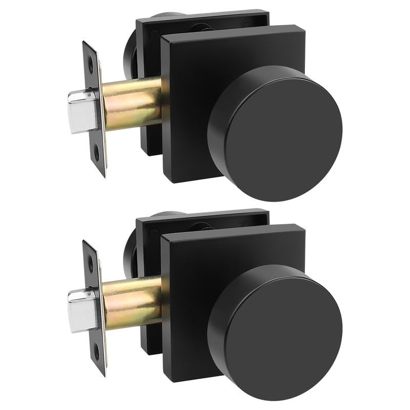 Probrico black interior door knob for closet or hallway, keyless design, no lock, installed on a modern interior door.