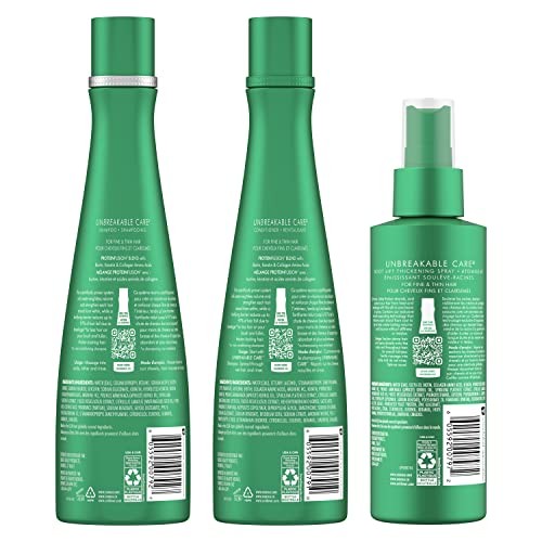 Nexxus Unbreakable Care shampoo, conditioner, and leave-in spray for fine hair, displayed together in a 3-pack set.