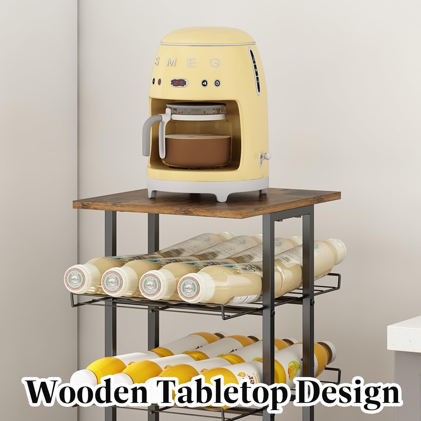 GILLAS multi-tier water bottle storage rack with wooden tabletop and metal frame, designed for organizing beverage bottles.