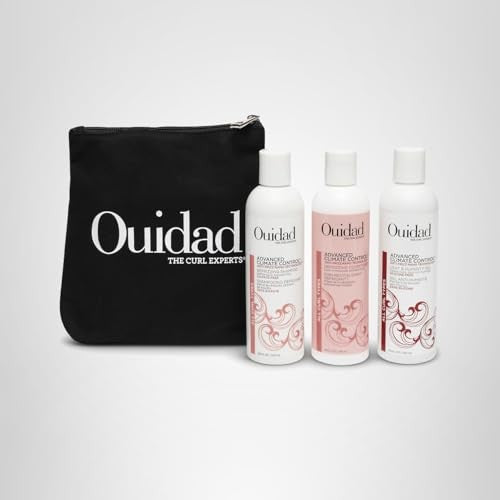 Ouidad Frizz-Free Wash Day Hair Care Kit for Curly Hair with anti-frizz formulas, includes shampoo, conditioner, and styling products.