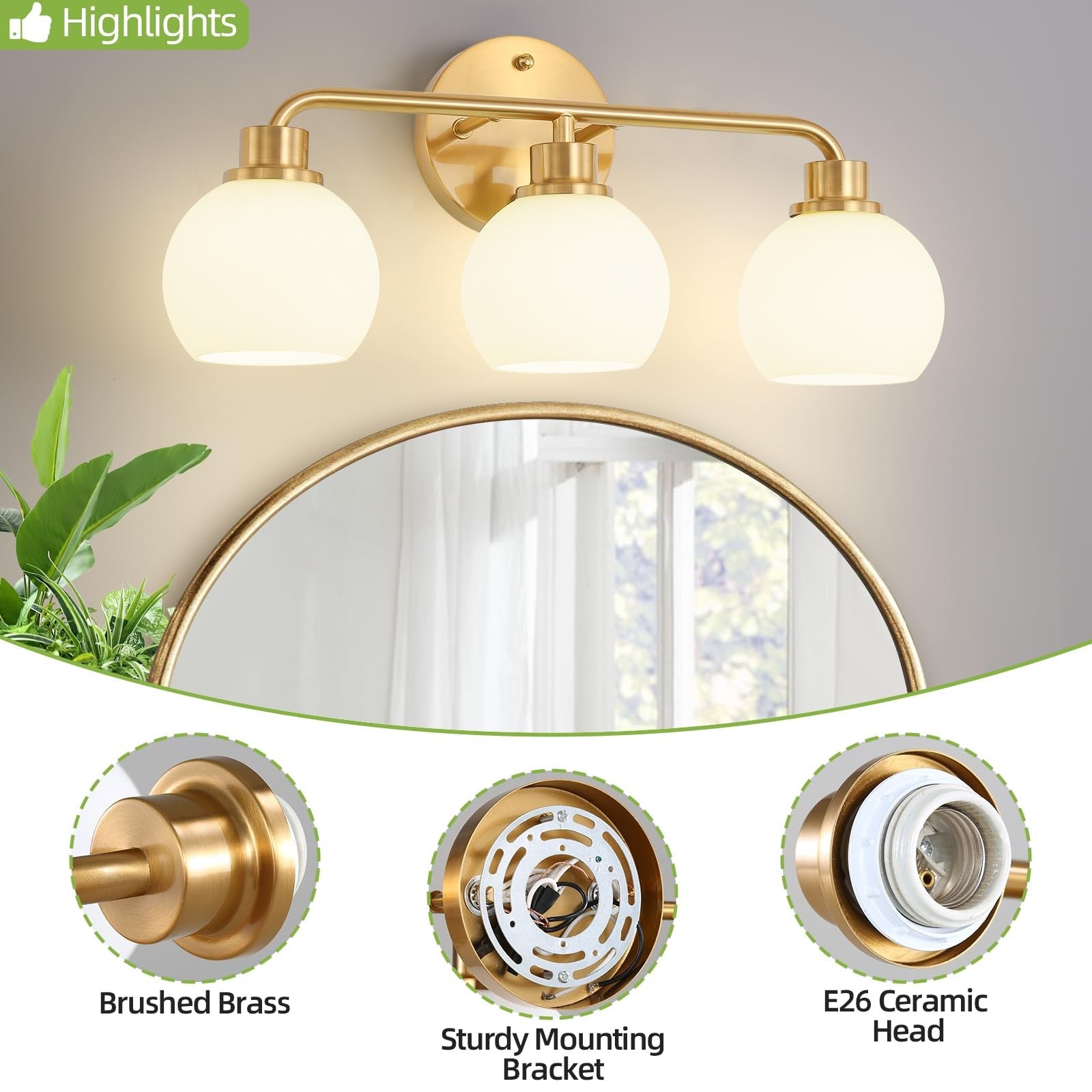 Watyo gold bathroom vanity light fixture with three wall sconces and modern design, ideal for bathroom lighting.