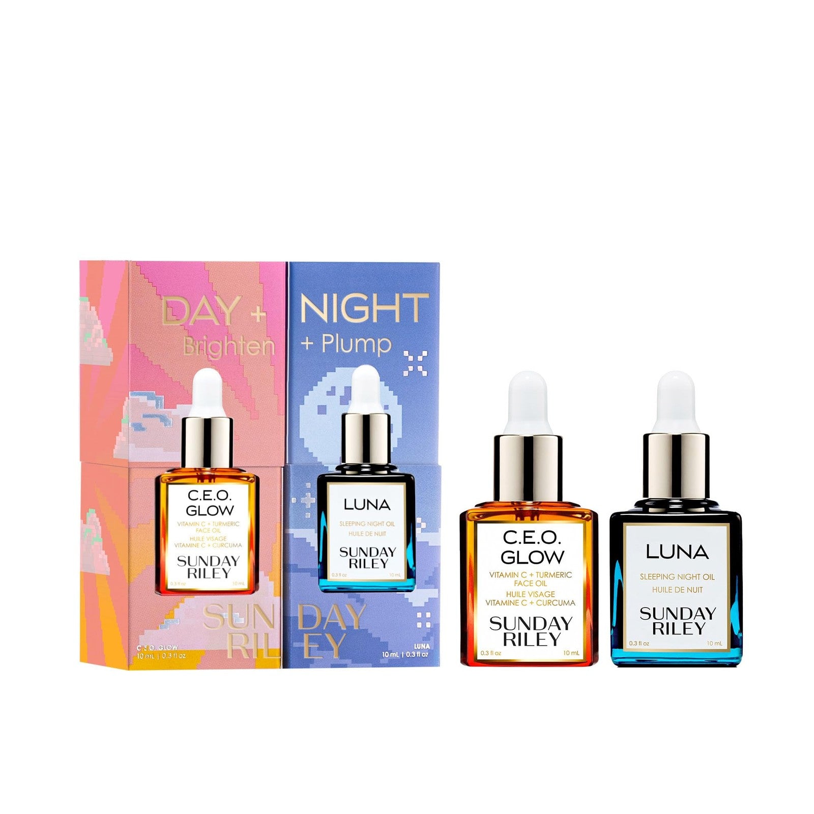 Sunday Riley Vitamin C Retinol Face Oil from the Day + Night Brighten and Plump Set, featuring a sleek glass bottle with dropper.