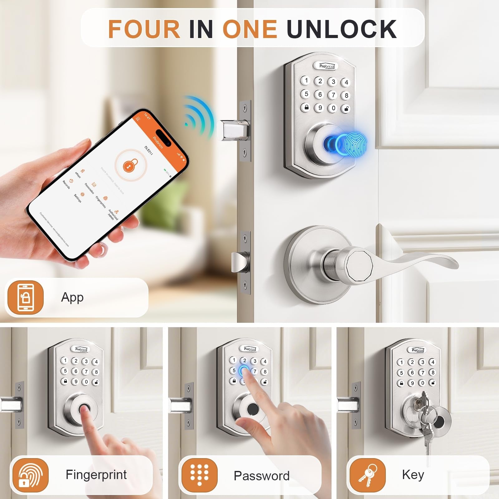 Probrico smart door lock with satin nickel finish, keypad keyless entry for secure home access.