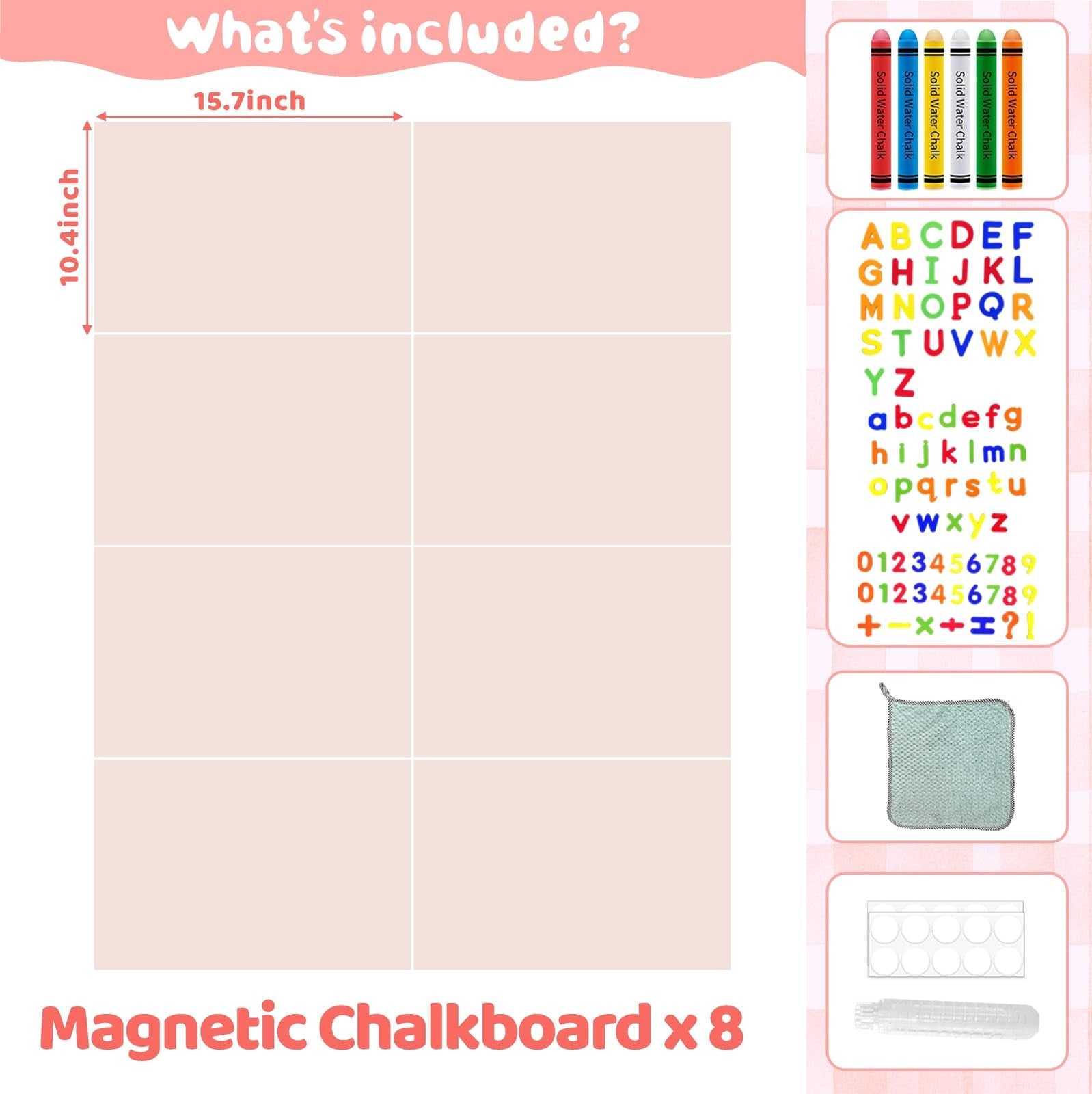 Easma 8-piece magnetic wall decals for kids, including magnetic chalkboard peel and stick decals on a wall.