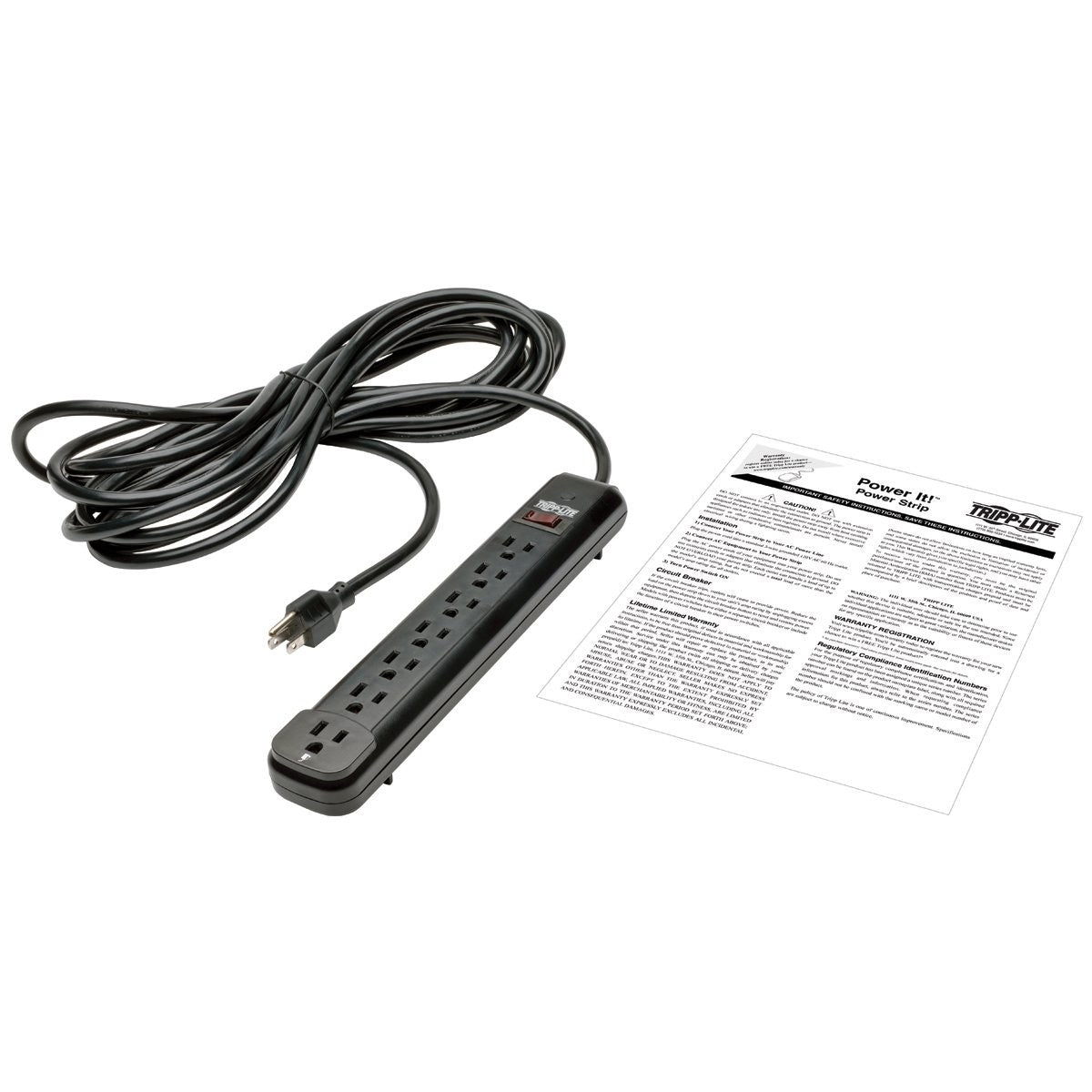 TRIPP LITE 7-outlet power strip with NEMA 5-15R sockets, 25-foot cord, black housing, and 5-15P plug for versatile power distribution.