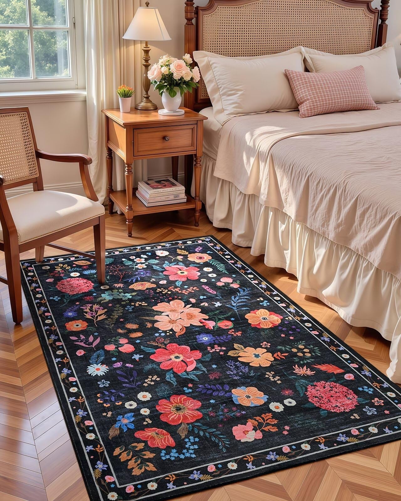 Macgace black floral 4x6 machine washable area rug with pink and purple flower patterns for girls' bedroom decor.