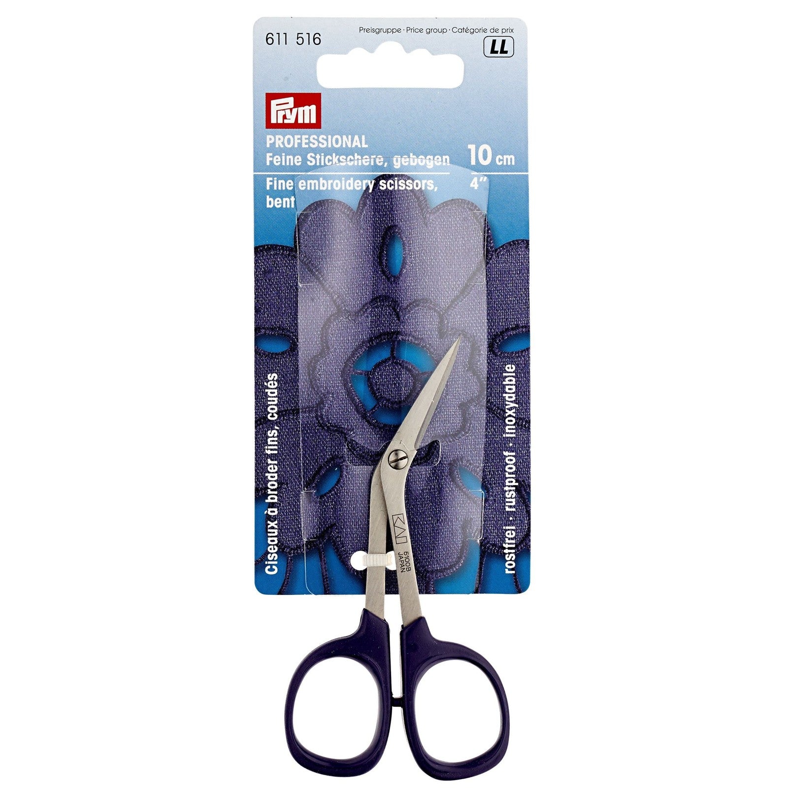 Prym Professional 4-inch curved embroidery scissors in purple with sharp blades, ideal for detailed fabric and embroidery work.