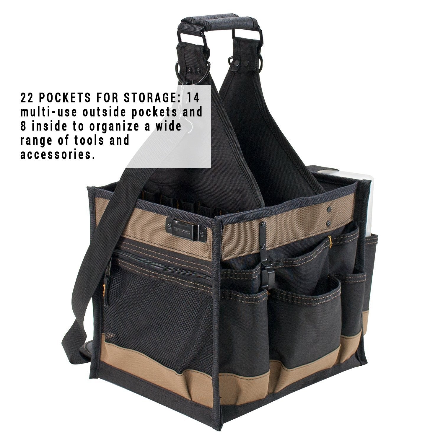 Black CLC Custom LeatherCraft 1528 large electrical and maintenance tool carrier with multiple compartments for tools and accessories.