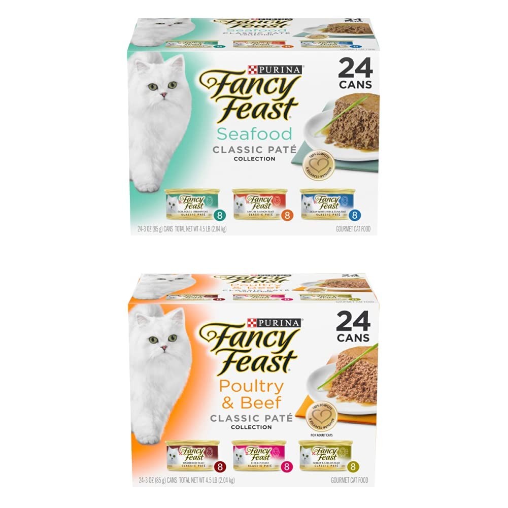 Assorted Purina Fancy Feast Grain-Free Pate Wet Cat Food Variety Pack with seafood flavors in 10 individual cans.