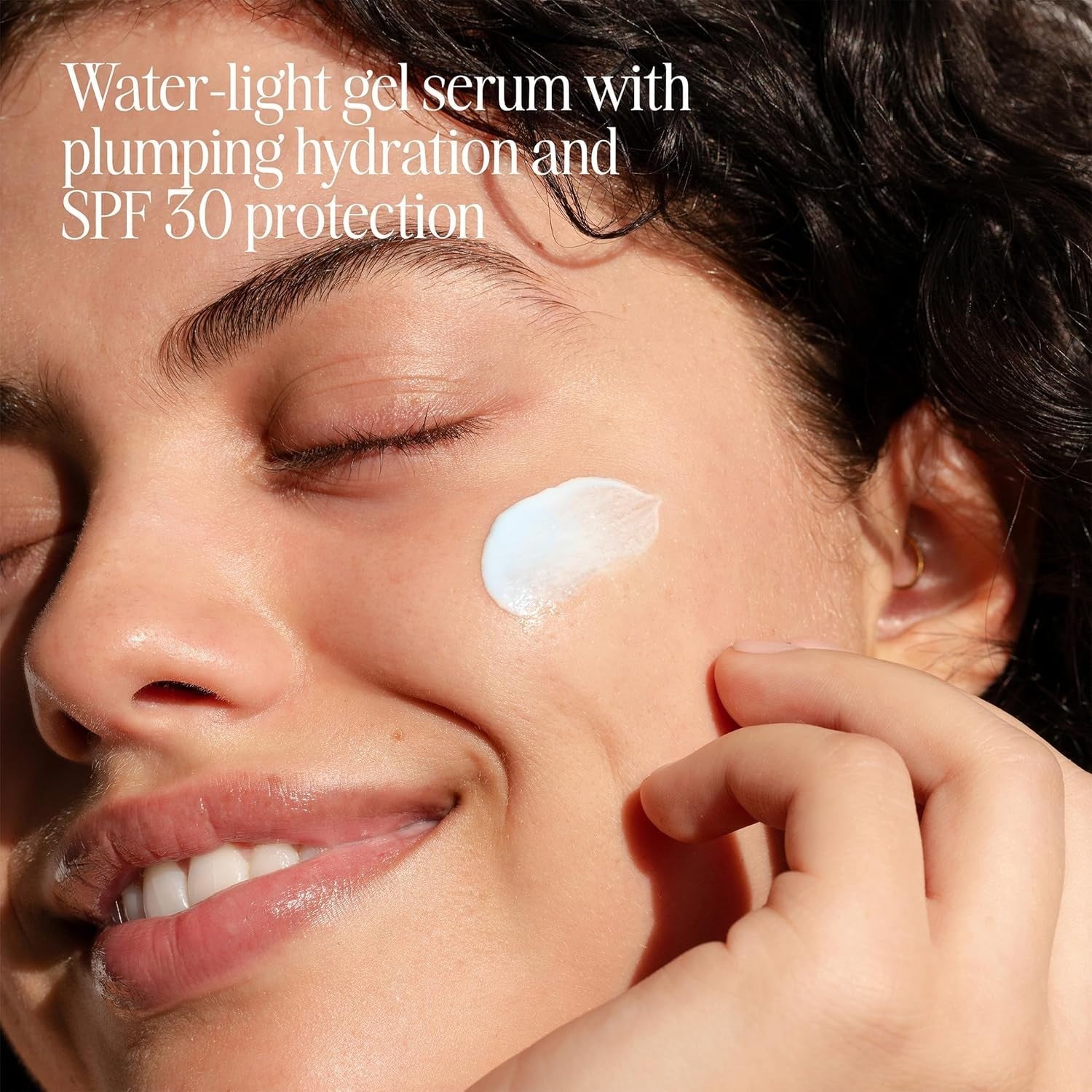 COOLA Refreshing Water Plumping Gel with SPF 30 applied on a face, showcasing its lightweight, hydrating, and sun-protective formula.