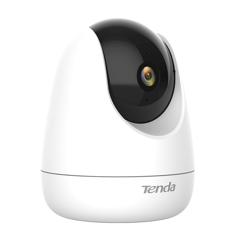 Tenda CP6 2K indoor wireless pan tilt camera for home security and baby monitoring, showing camera lens and adjustable tilt function.