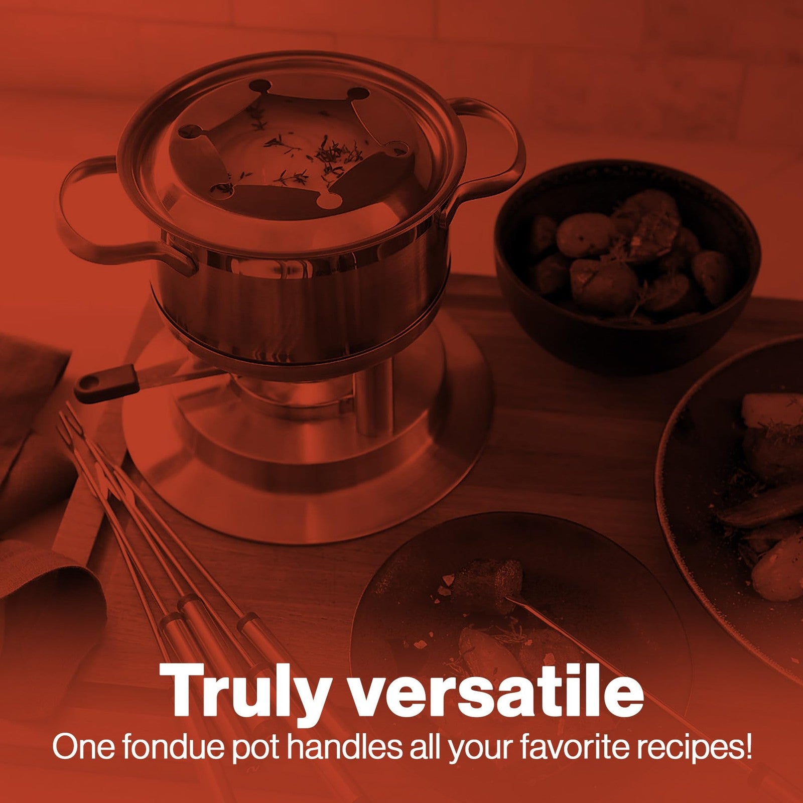 Swissmar Arosa 11-piece stainless steel 3-in-1 fondue set with pot, forks, and stand for melting cheese, chocolate, or broth.