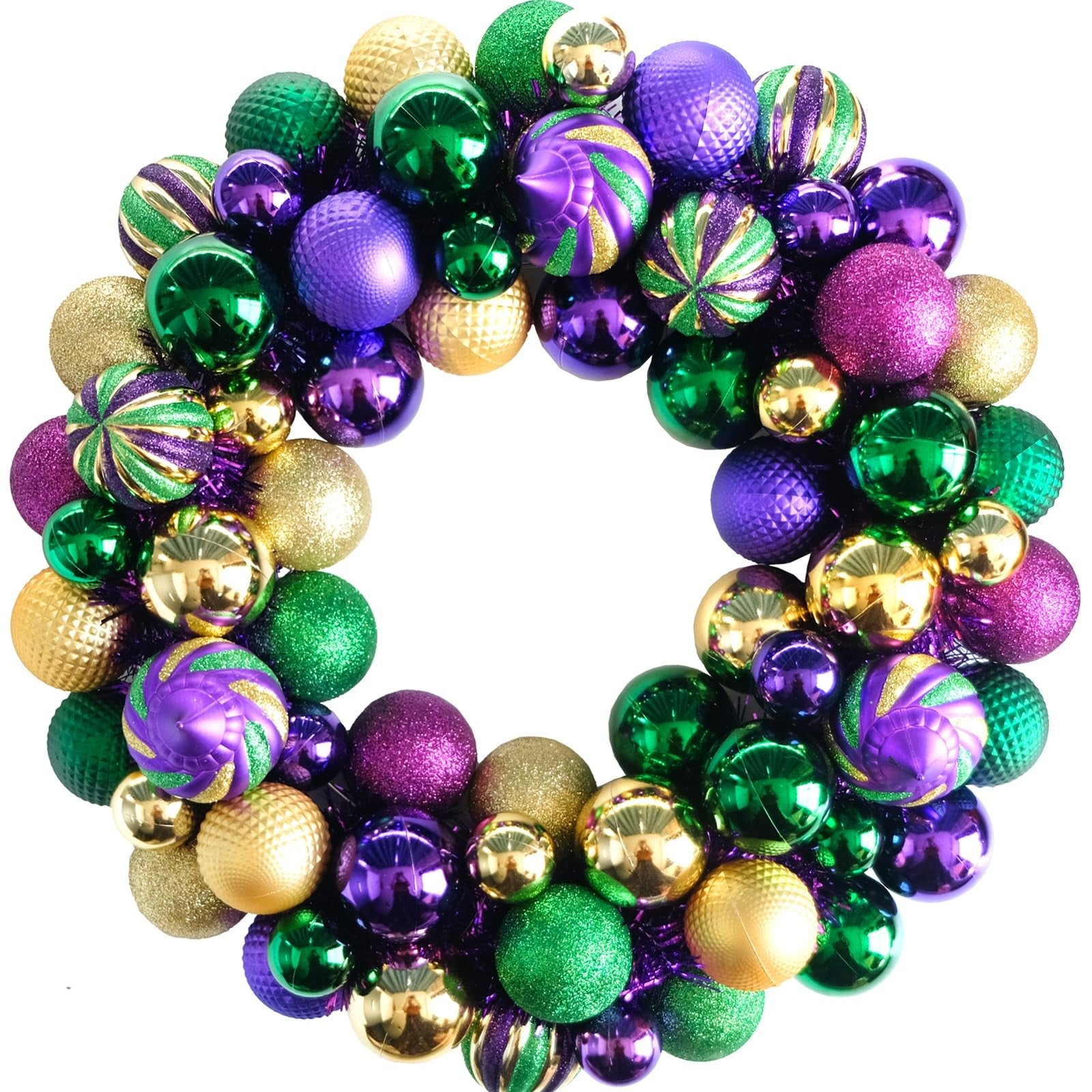 Colorful 18-inch Bibelot Mardi Gras wreath with decorative balls, perfect for front door Mardi Gras celebration decor.