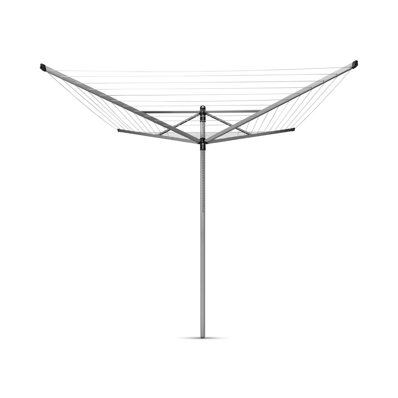 Brabantia Lift-O-Matic outdoor 4-arm clothesline with 197ft line, height adjustable, folding design, installed in a backyard garden.
