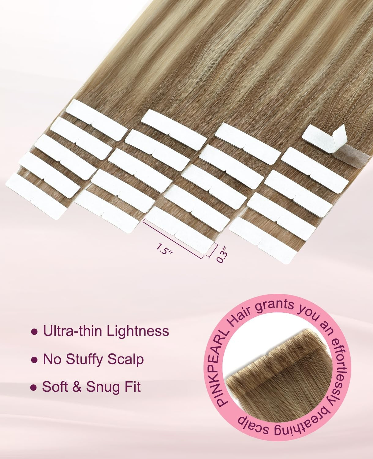Pinkpearl brand invisible tape-in human hair extensions, 20 pieces, 22 inches long, showing sleek, natural-looking blonde hair extensions.