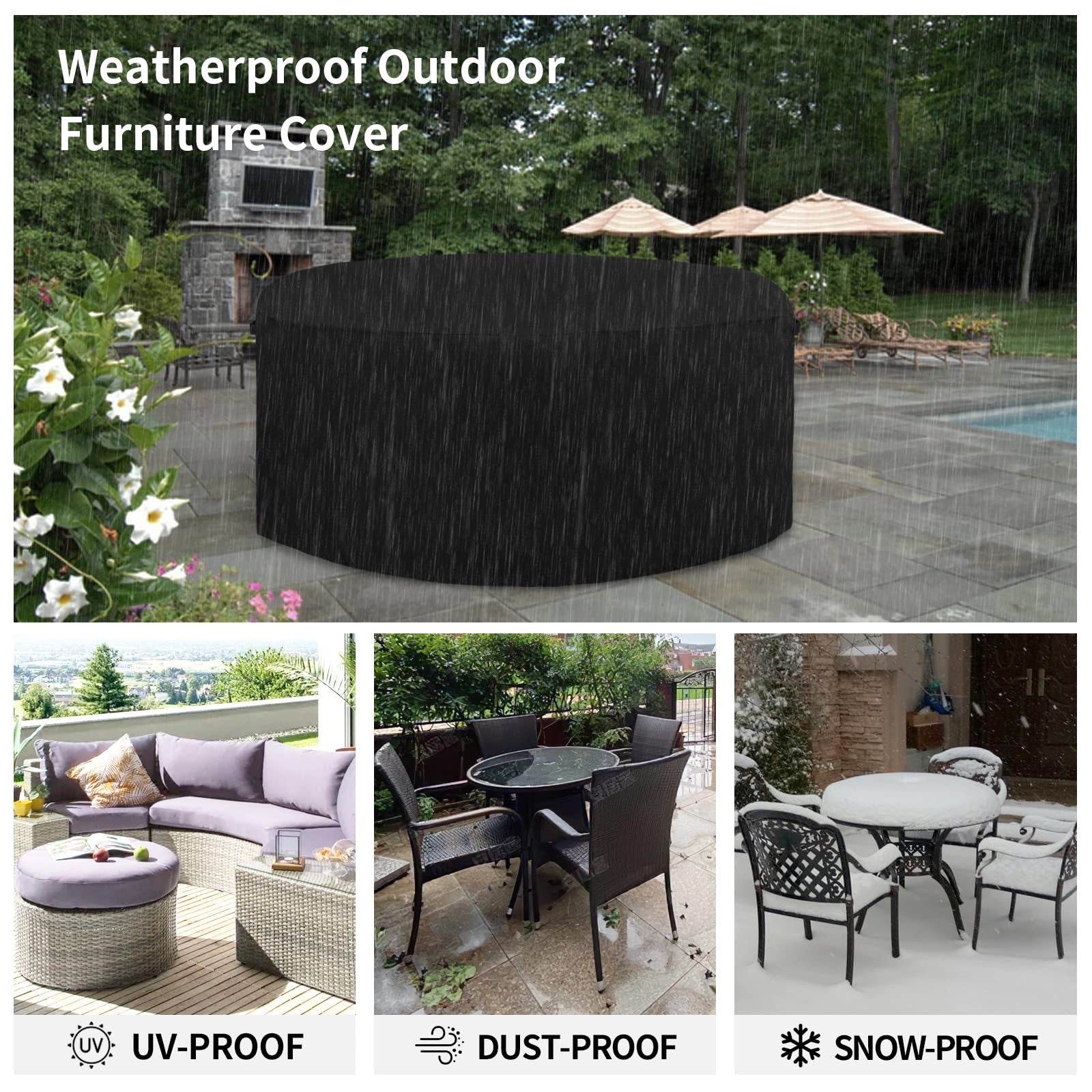 Easy-Going heavy duty round patio furniture cover for outdoor table and chairs, made of durable 600D fabric.