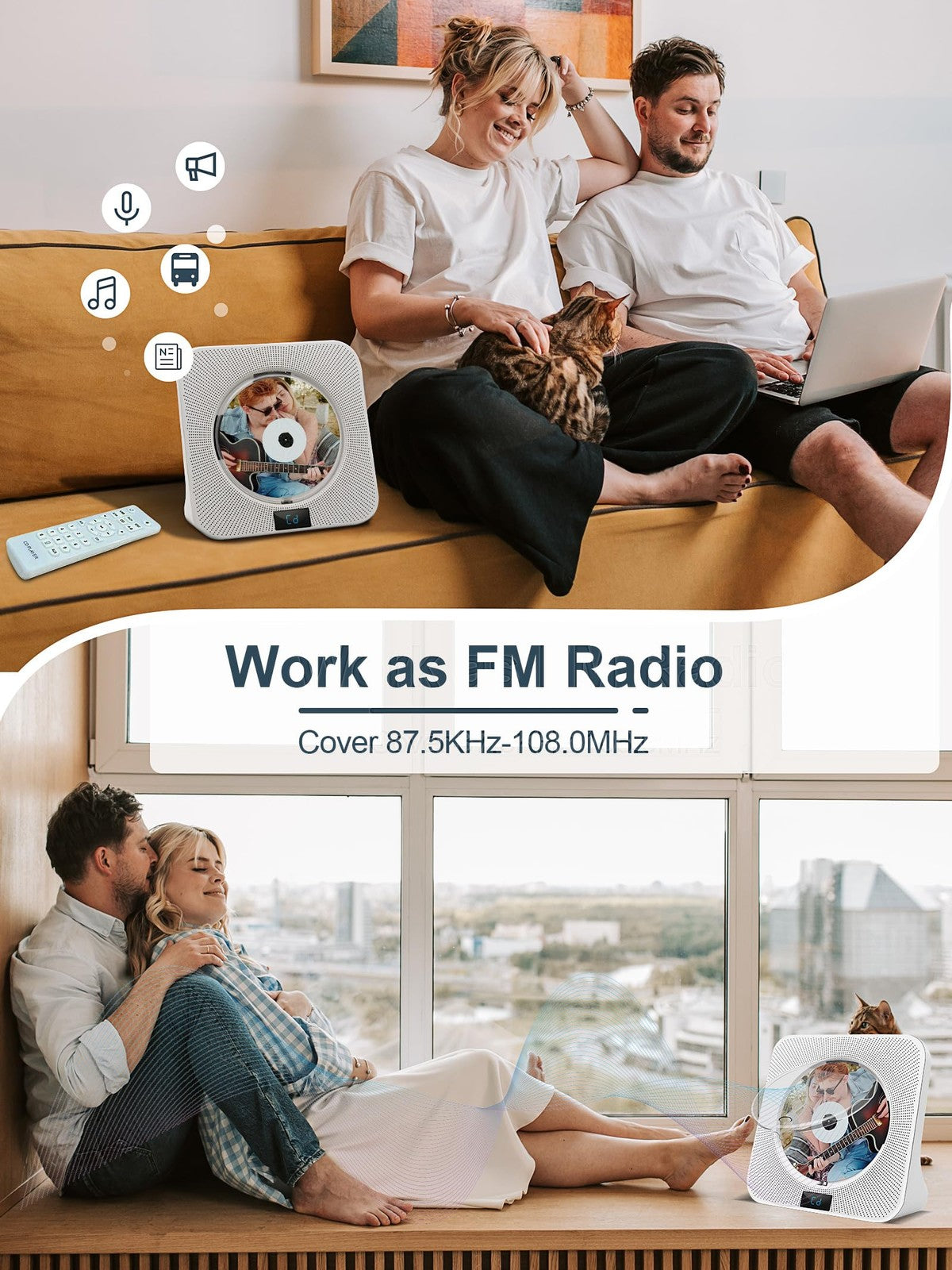 Jimwey portable CD player with Bluetooth, HiFi speakers, FM radio, USB, AUX in white, showing control buttons and display screen.