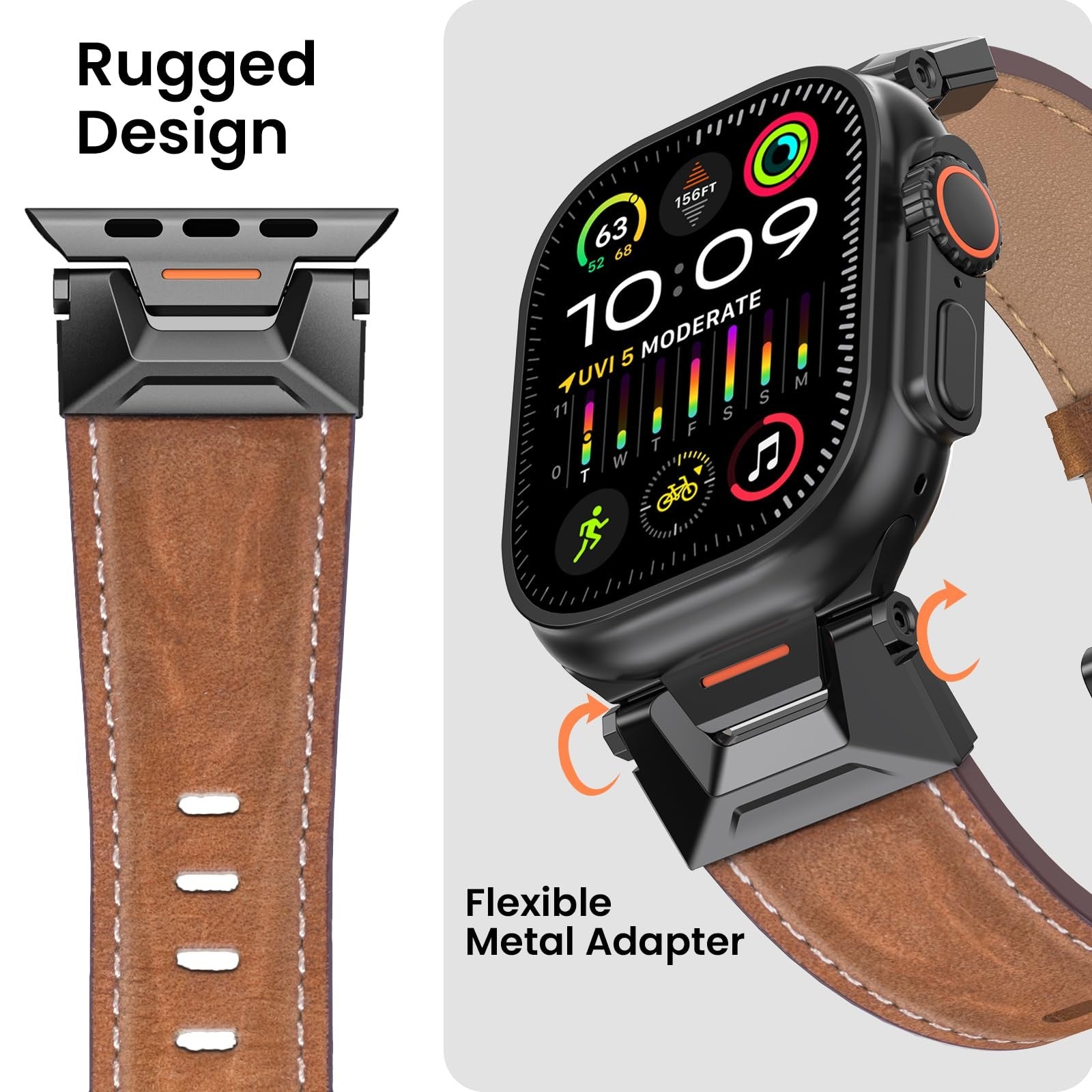 Bouixel genuine leather band for Apple Watch Ultra 3, 49mm and 46mm, showing a close-up of the brown leather strap.