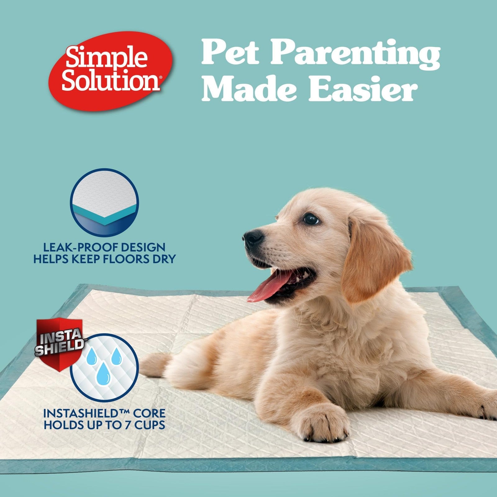Large puppy training pads by Simple Solution, leak-proof dog potty pads, 10-pack, with absorbent surface for indoor training.