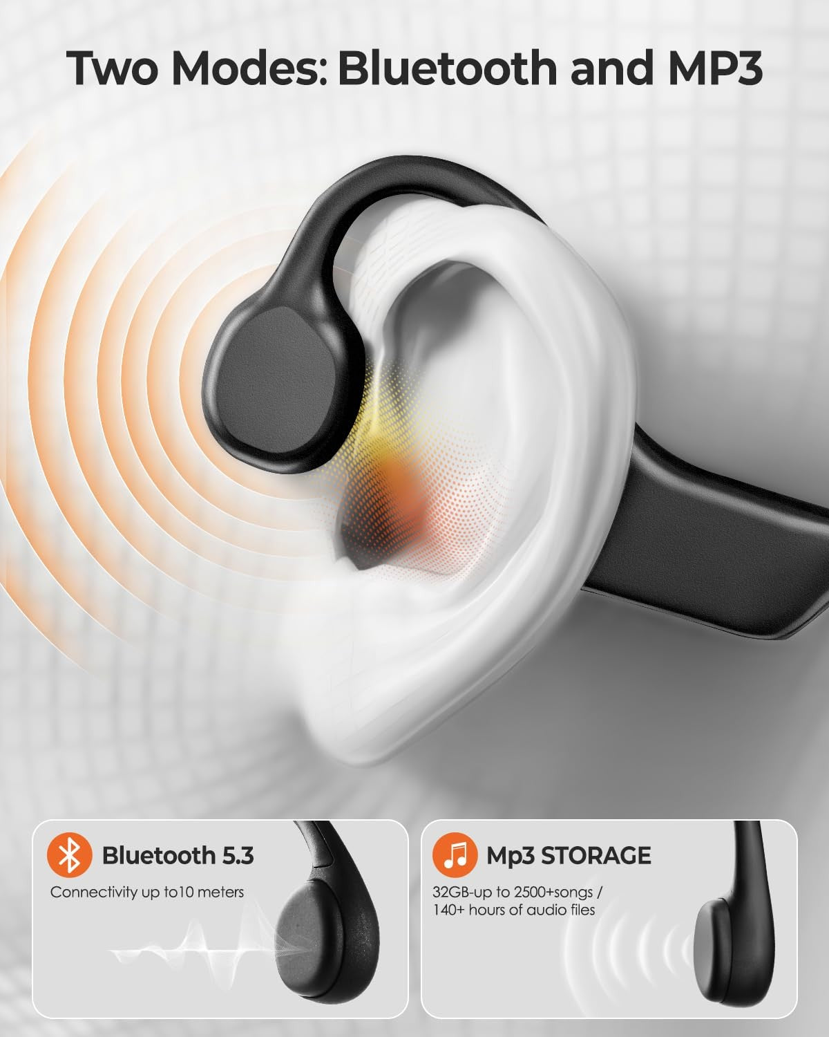 Banoshalo X7 Pro Bone Conduction Headphones in deep black with open ear design and IPX8 water resistance, showing the sleek over-ear style.