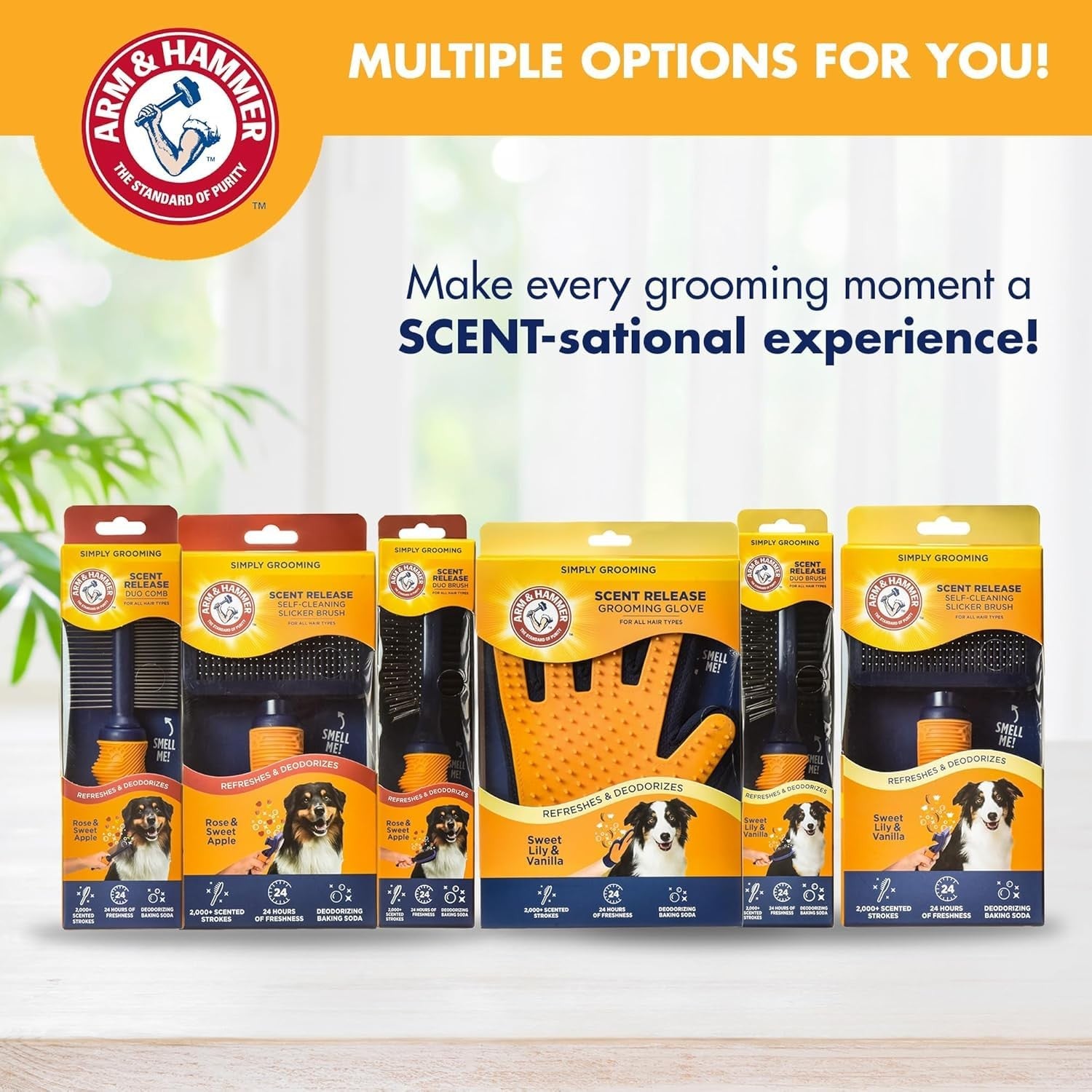 Arm & Hammer Deodorizing Dog Grooming Brush with pin and bristle design, featuring fragrance transfer for fresh-smelling pets.