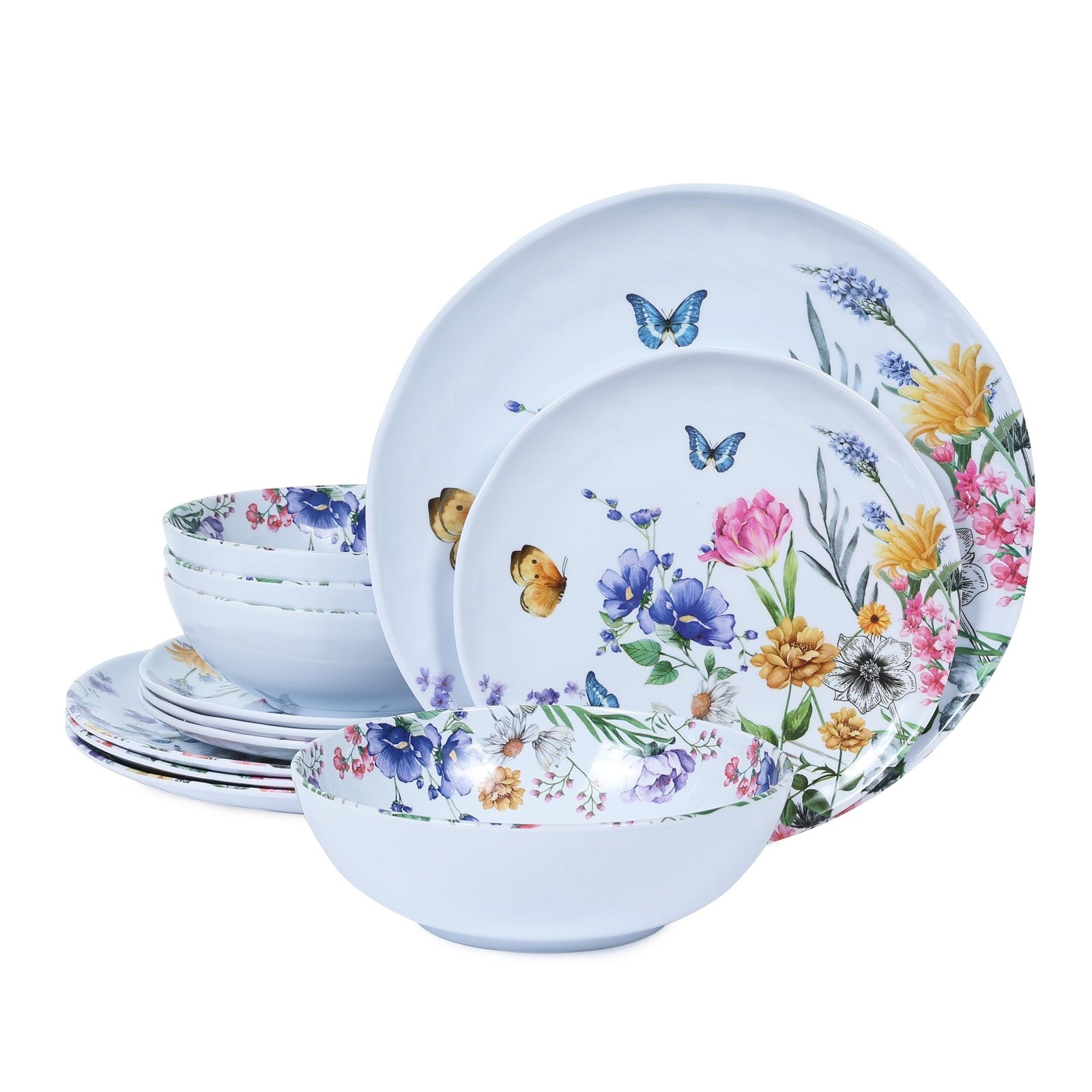 Lechoo 12-piece floral melamine dinnerware set with plates and bowls for four, perfect for casual dining and outdoor use.