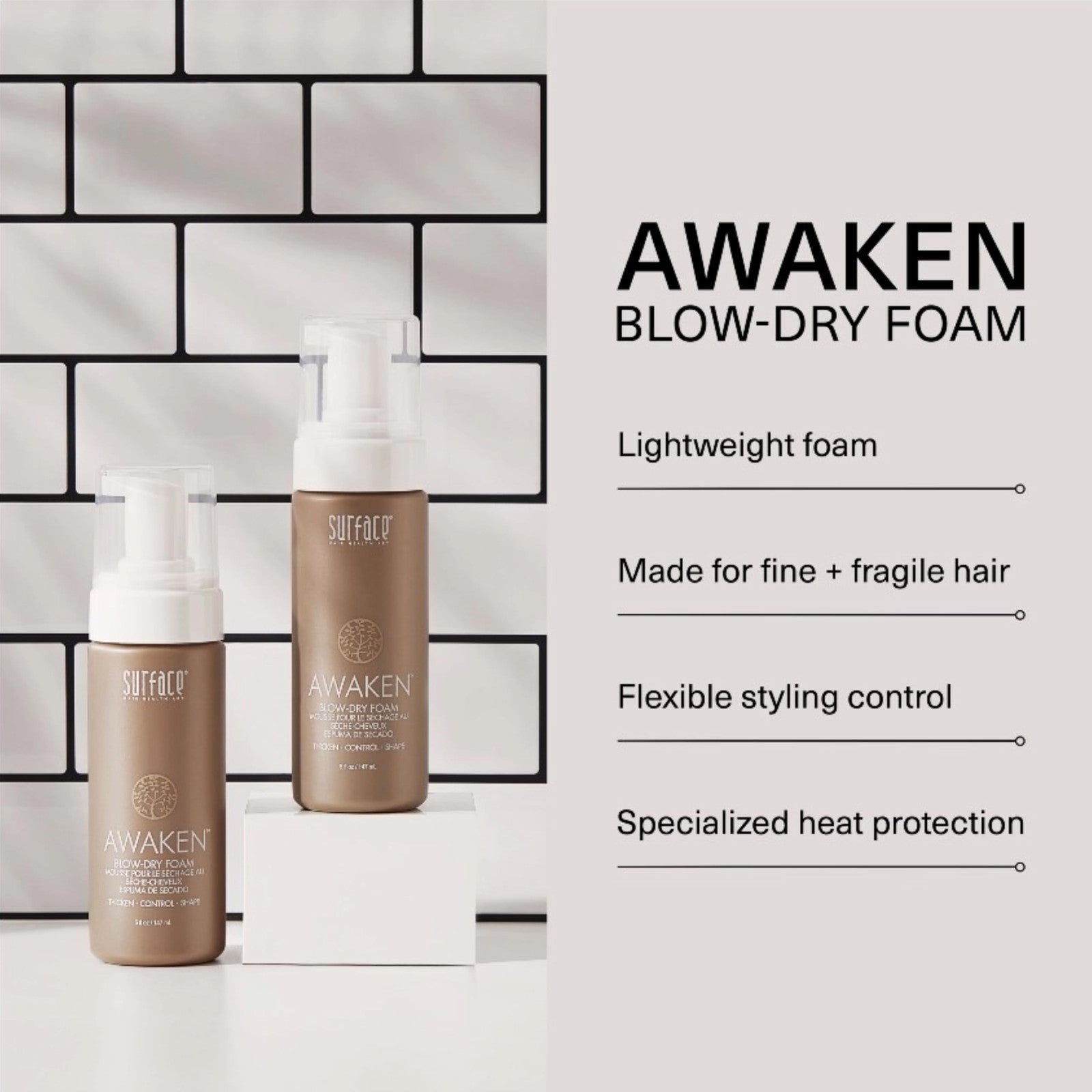 SURFACE Hair Awaken Thickening Blow Dry Foam bottle with a pump, designed to protect and strengthen fine, fragile hair.