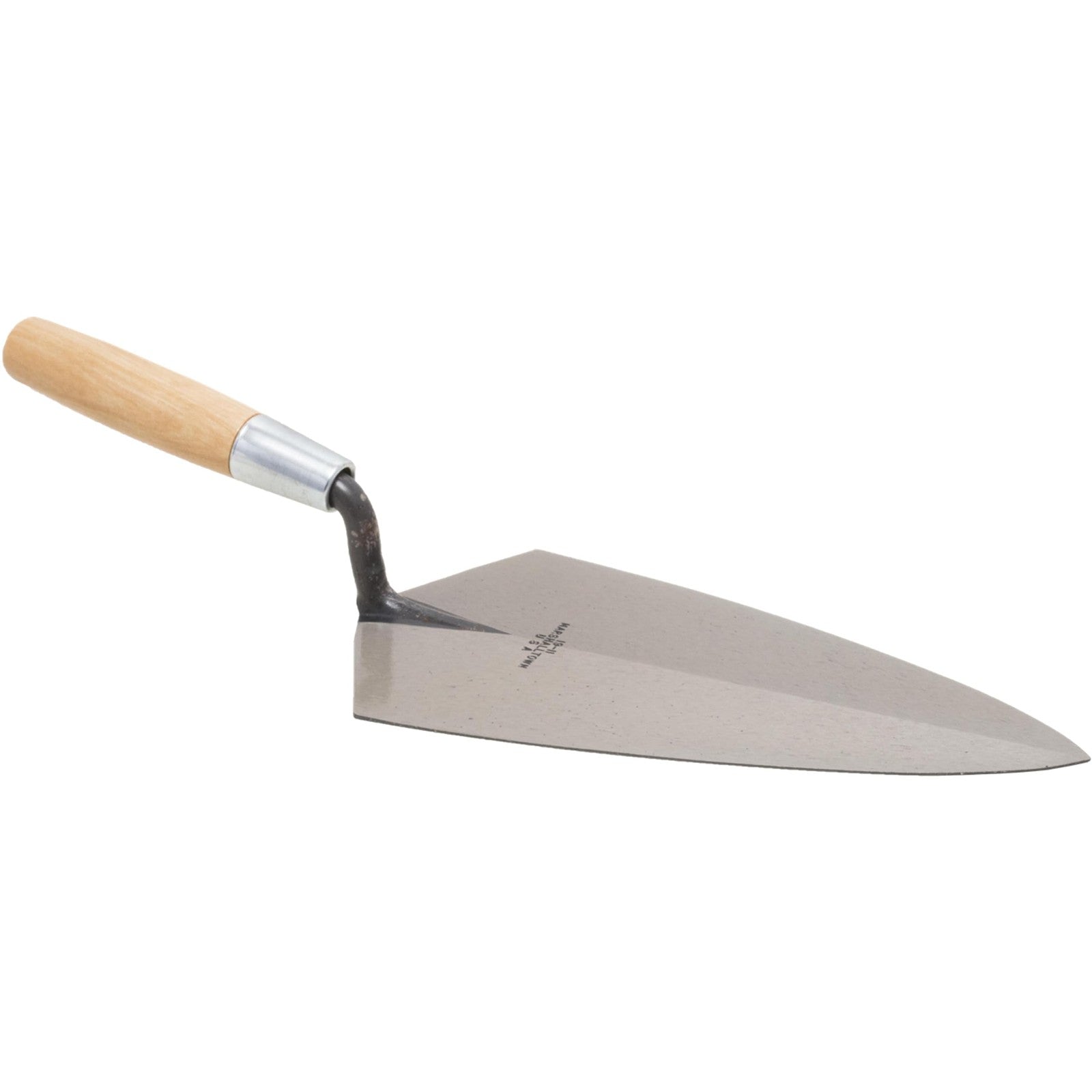 Marshalltown brick trowel with wooden handle, Philadelphia style, 10x5 inch for masonry and bricklaying projects.