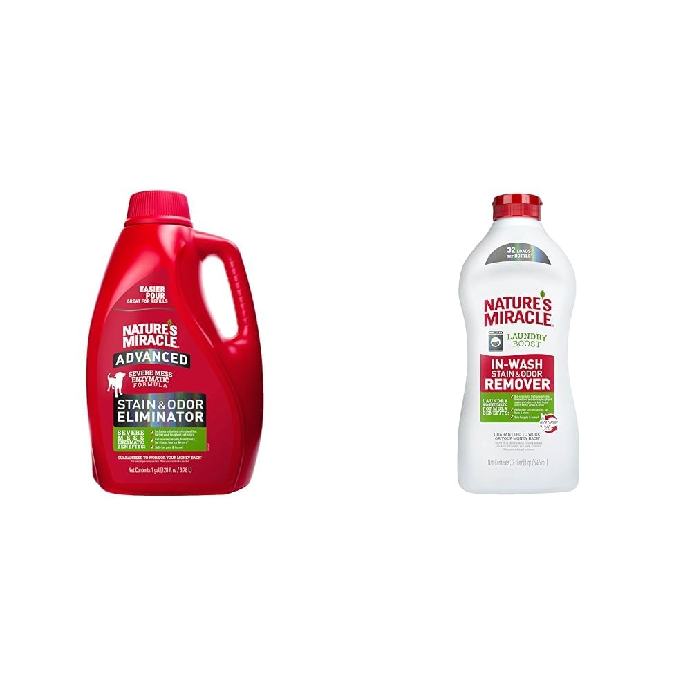 Nature's Miracle enzymatic dog stain and odor eliminator in a 1-gallon bottle, featuring a 32oz spray bottle for severe mess cleanup.