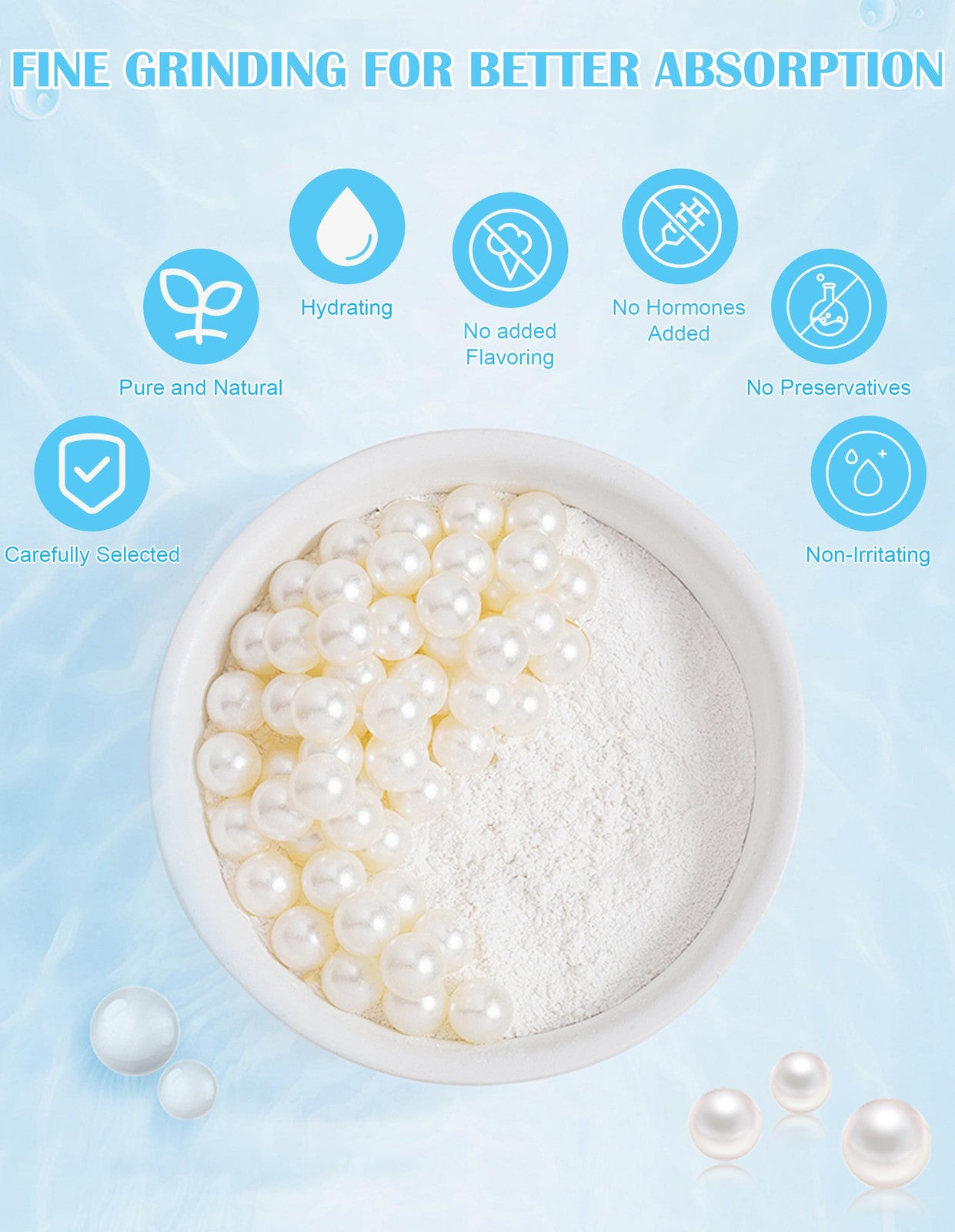 Jutqut organic freshwater pearl powder in a jar, 150g for DIY skincare, showcasing fine pearl powder with a natural, creamy texture.