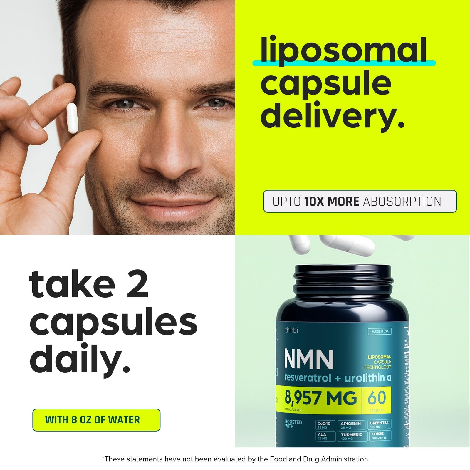 Thinbi NMN supplement bottle with 8957mg NAD+ and Urolithin A, Resveratrol, showing supplement packaging and label details.