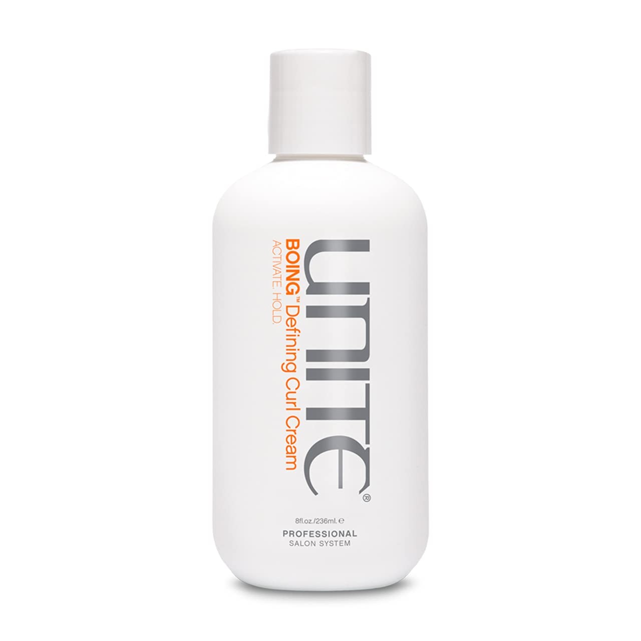 Bottle of UNITE Hair BOING Defining Curl Cream for moisturizing, frizz-free curls, with a pump dispenser and product label visible.