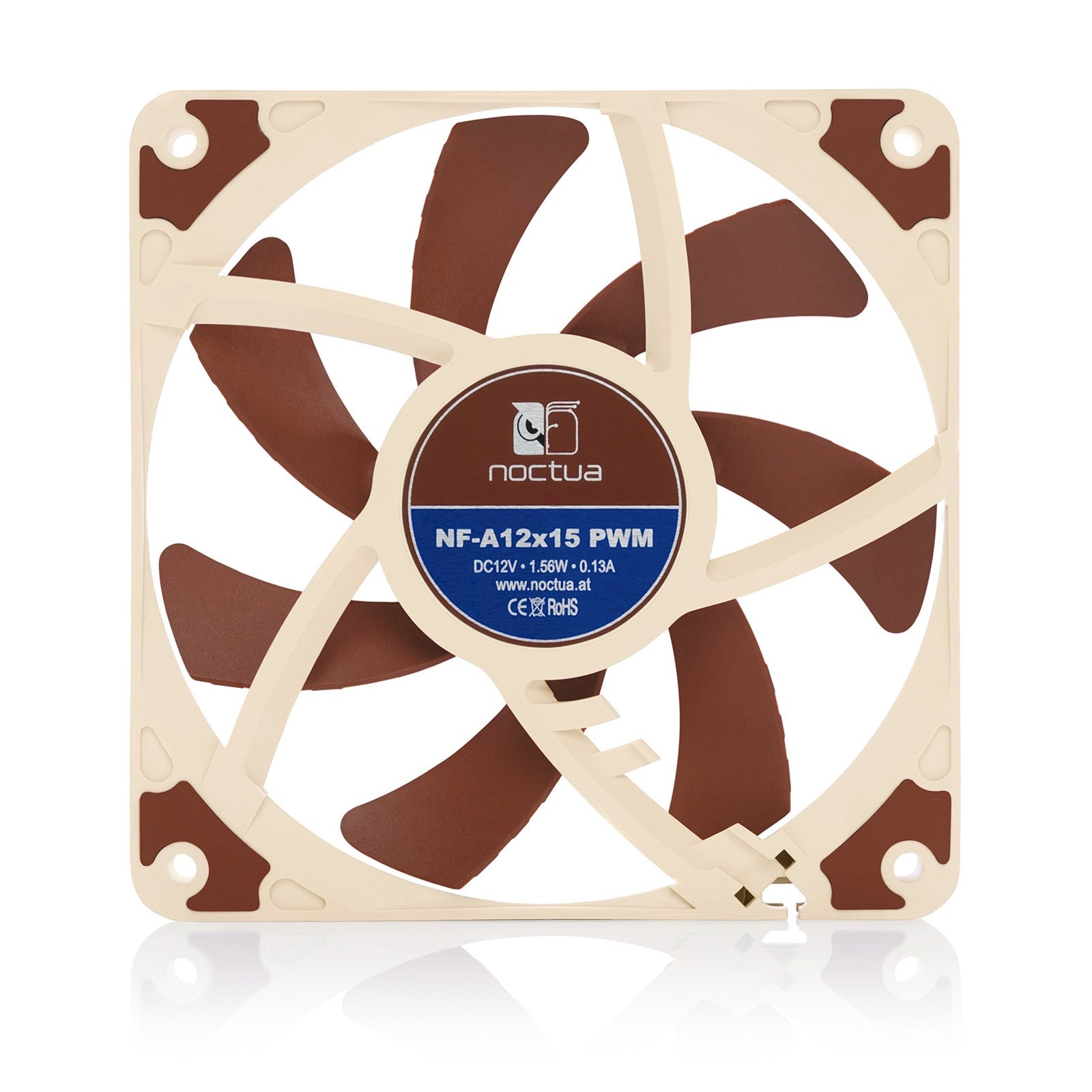 Noctua NF-A12x15 PWM quiet slim 120mm brown fan with 4-pin connector, designed for optimal airflow and low noise.