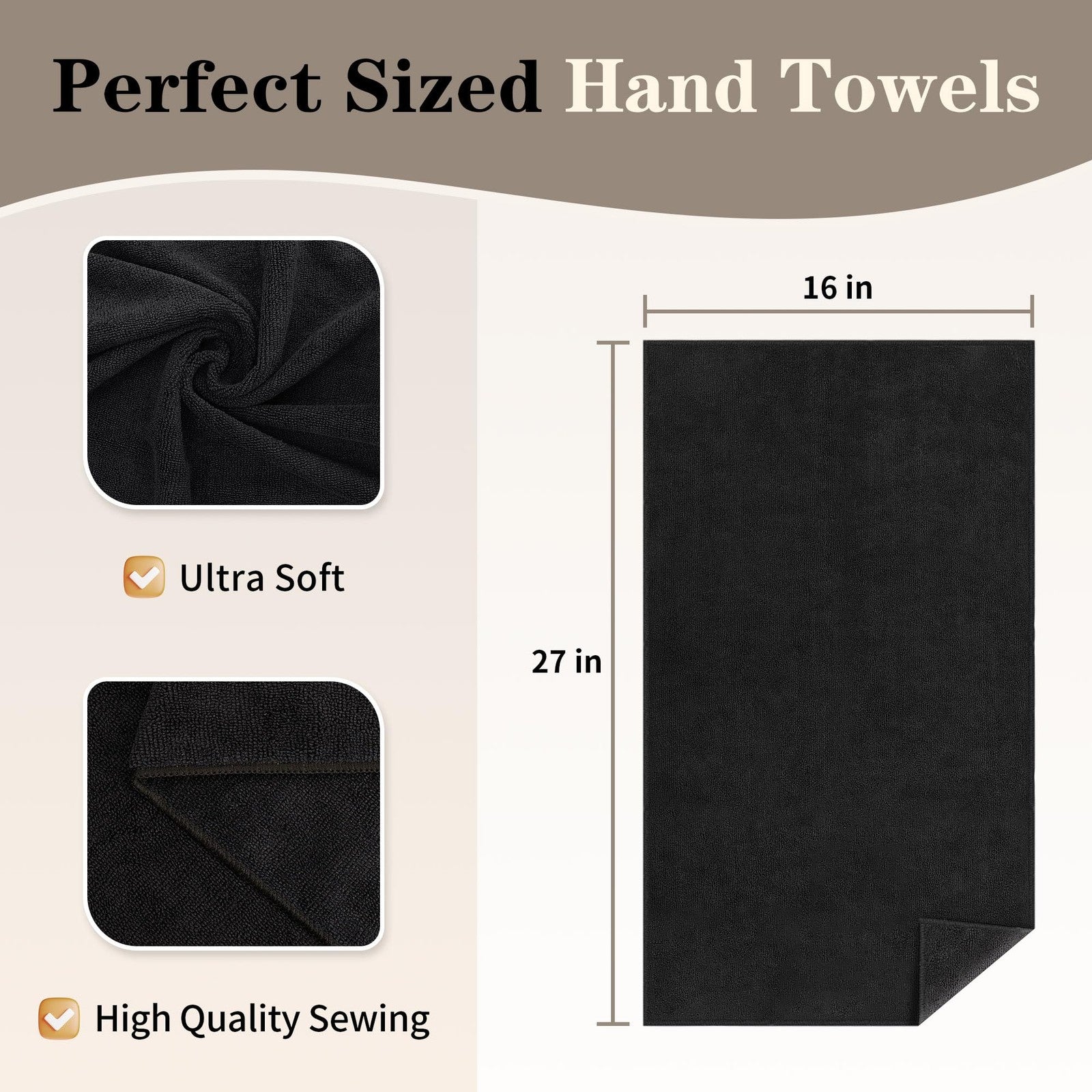 Black FIXSMITH salon hand towels in a 24-pack, quick-drying bathroom and gym towels displayed in a neat stack.