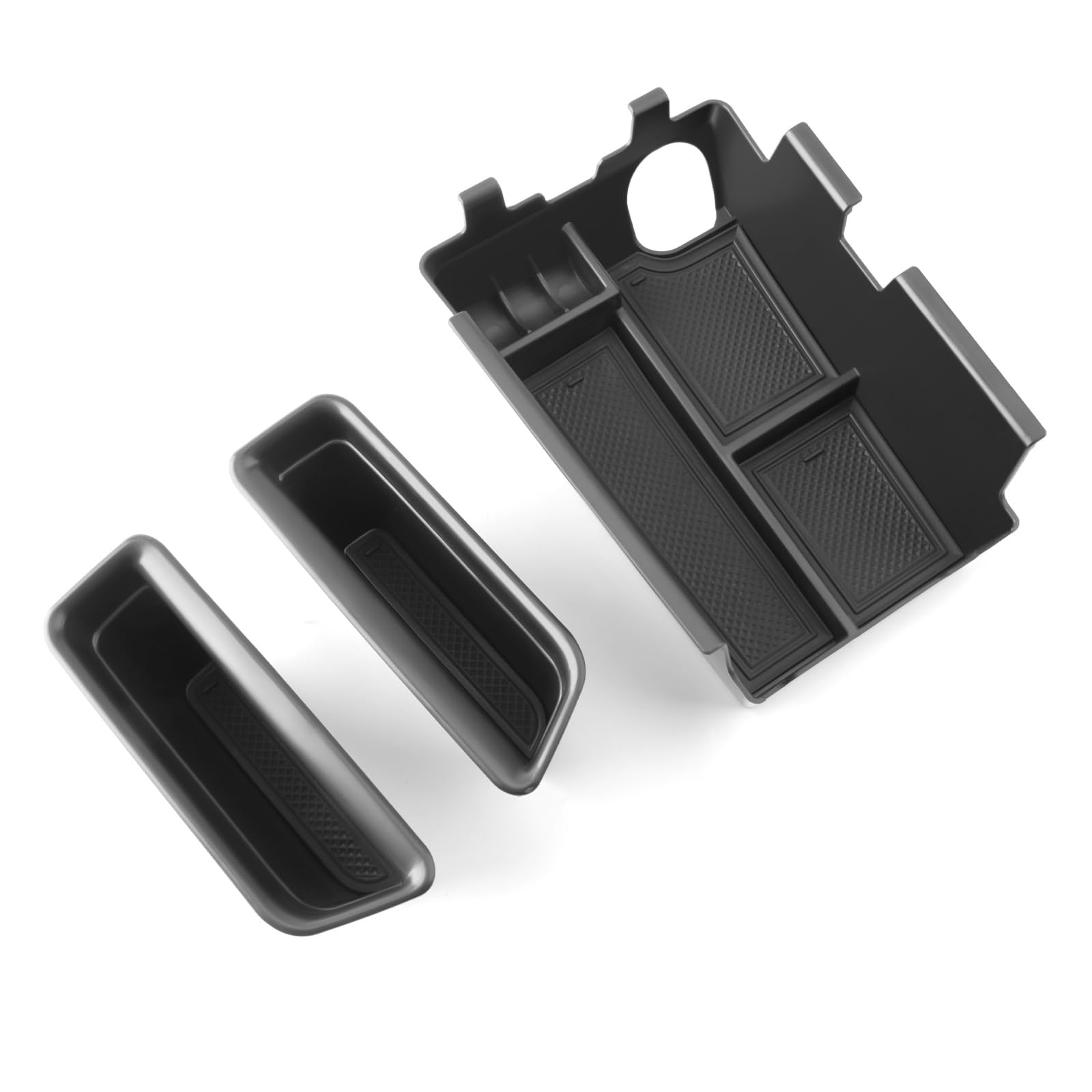 SKTU 3-piece Mustang center console organizer for 2024-2026 Ford Mustang, showing the black plastic compartments inside the vehicle.