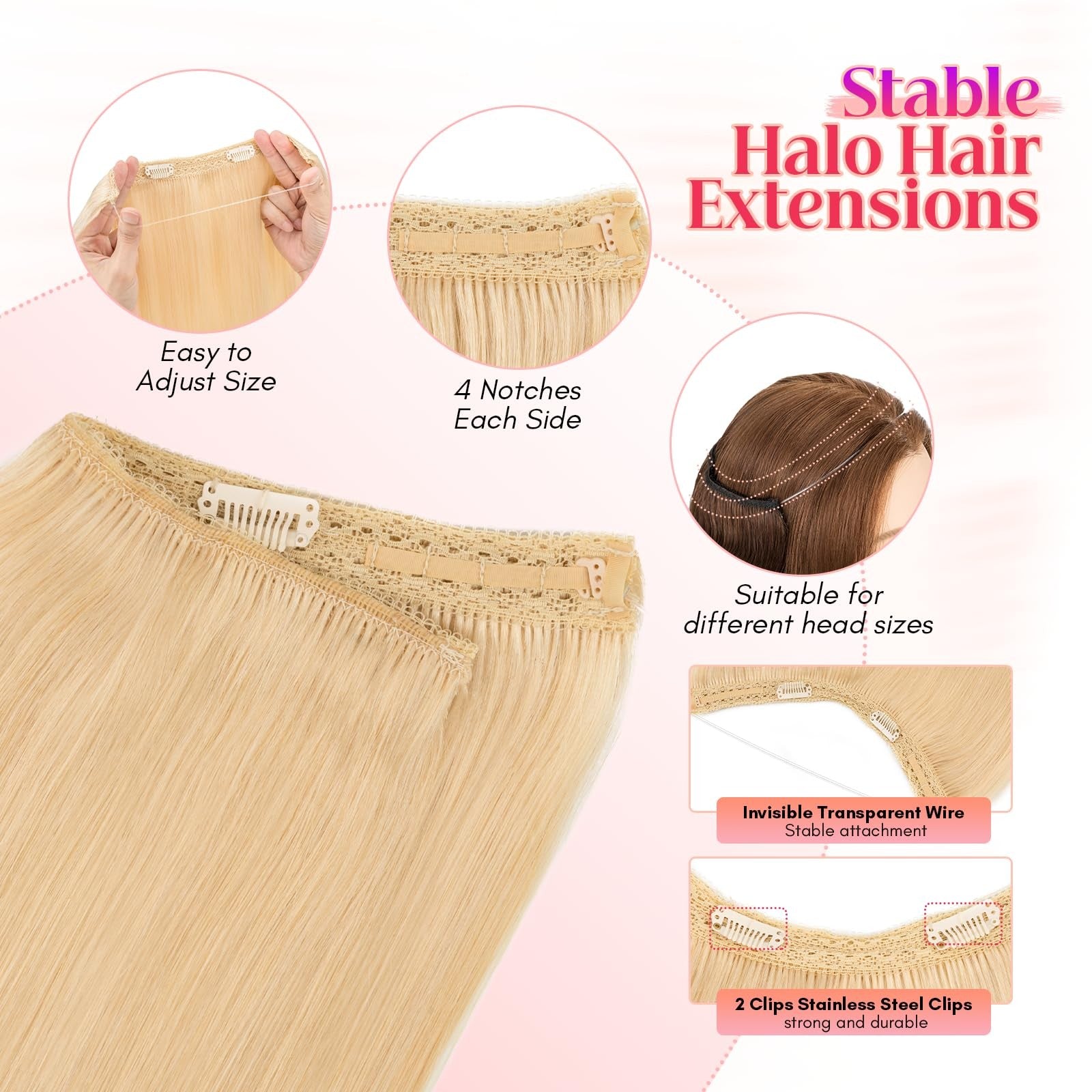 Rich Choices Halo Hair Extensions with 100% Remy human hair, showcasing the natural, silky halo extension style on a model.