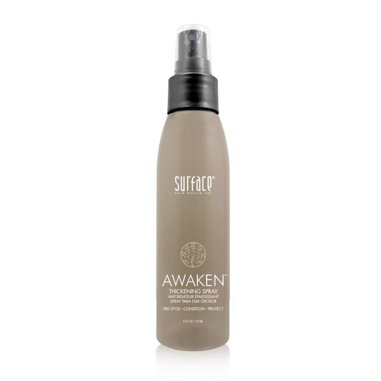 Surface Surface Hair Awaken Thickening Spray bottle, pre-style conditioning and protection spray for fuller hair volume and texture.