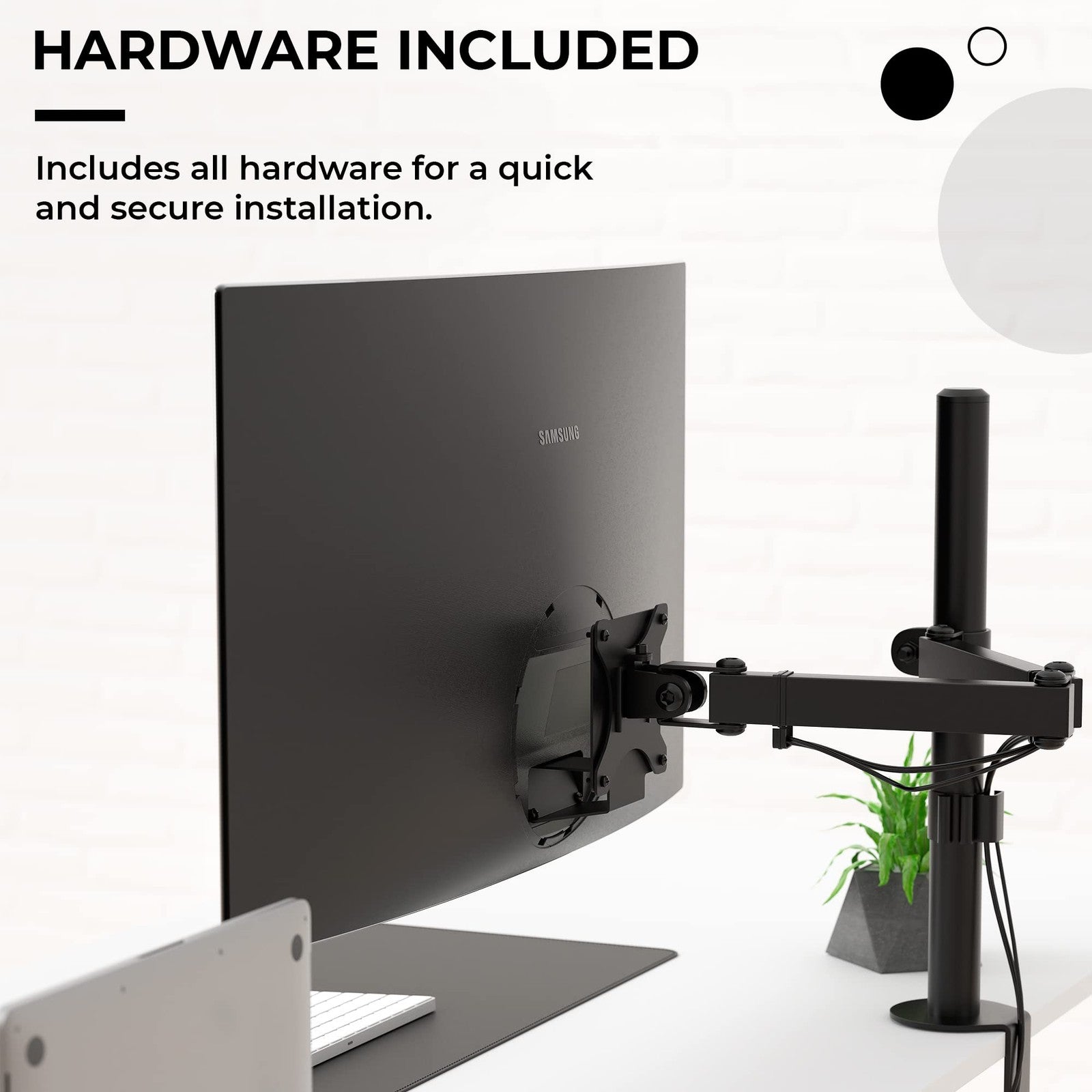 HumanCentric VESA mount adapter attached to Samsung U32R590 curved monitor for flexible ergonomic setup.