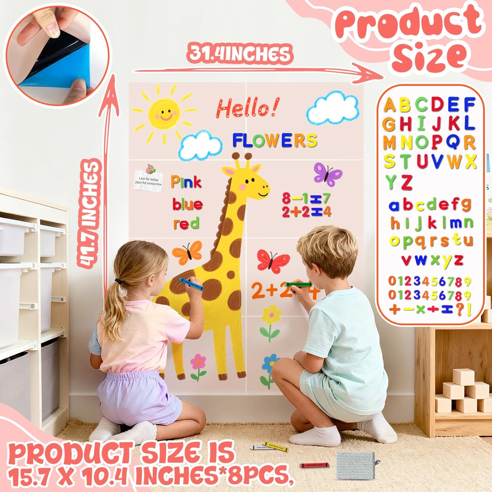 Easma 8-piece magnetic wall decals for kids, peel-and-stick chalkboard magnets with colorful designs on a white background.