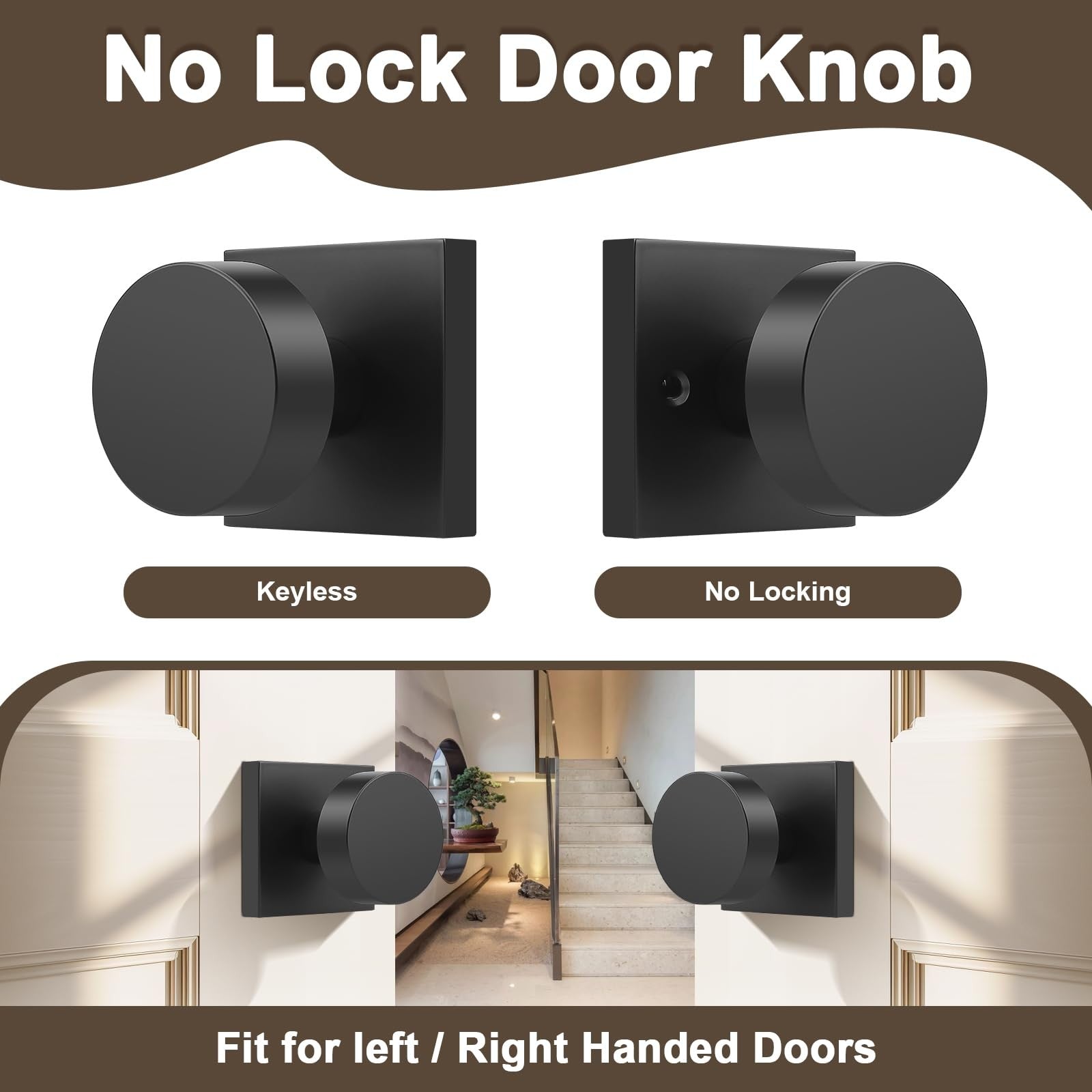 Probrico black interior door knob for closet and hallway, keyless design, cylindrical handle with sleek finish, no lock visible