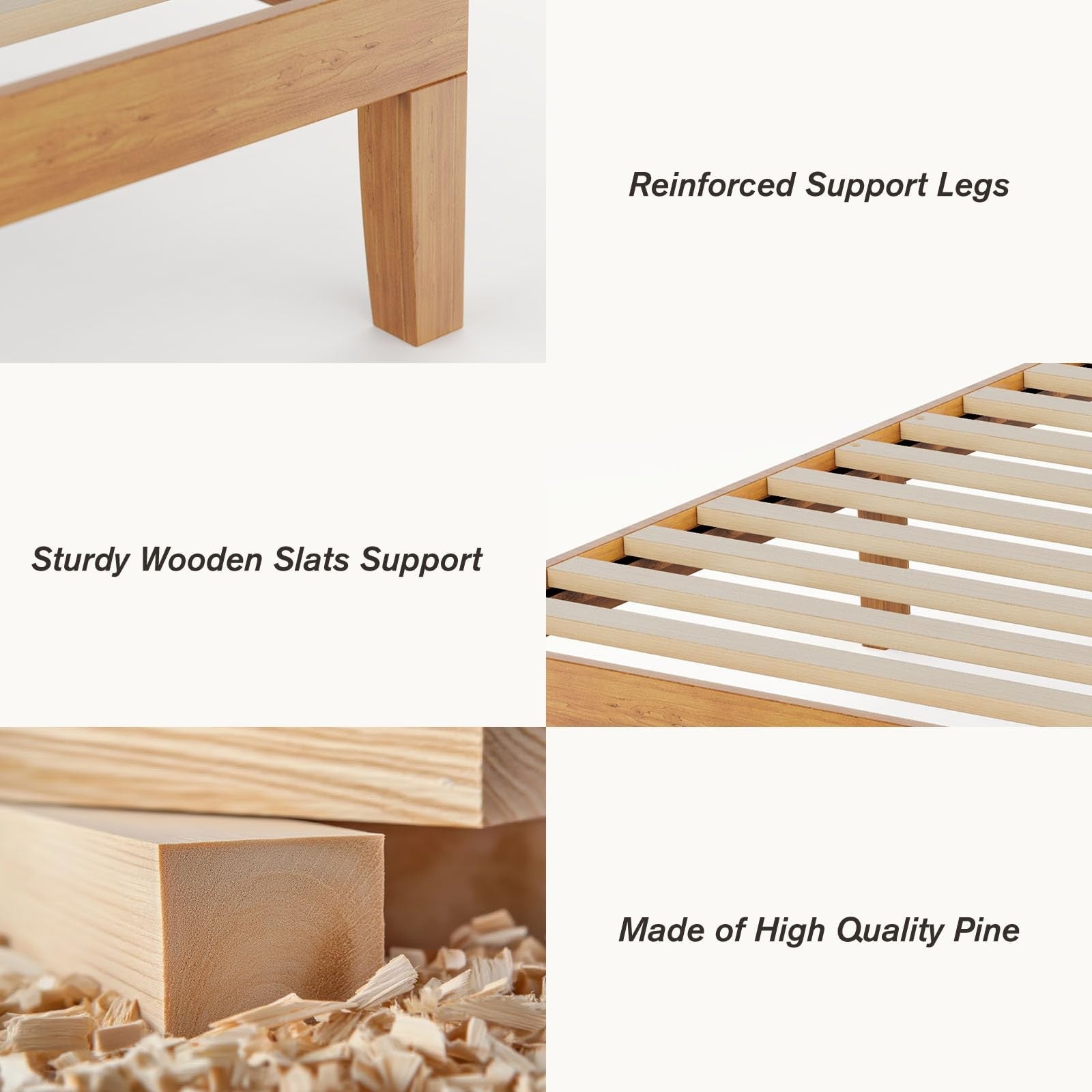 Sweetcrispy queen size solid wood bed frame with slat support, showcasing sturdy construction and natural wood finish.
