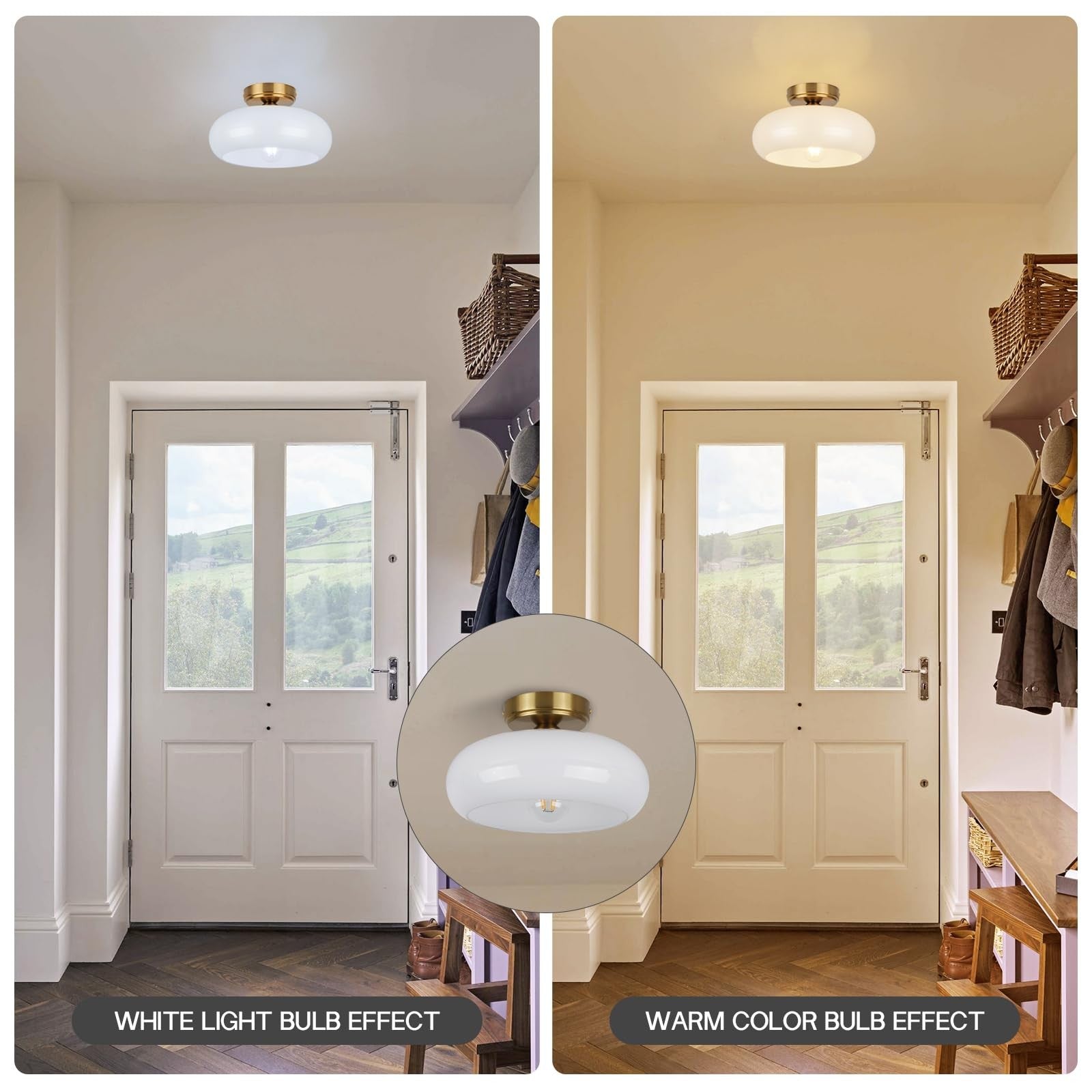 CLARSYNE vintage gold semi-flush mount ceiling light fixture with an 11-inch diameter, mid-century style for modern interiors
