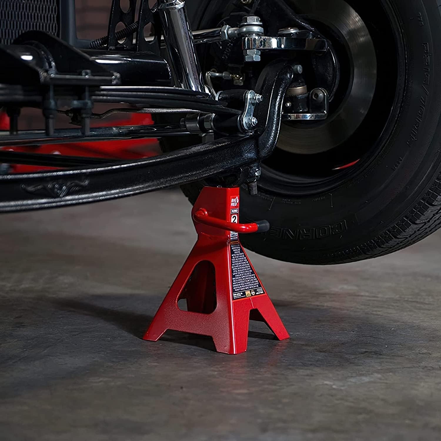 Big RED 2 Ton steel car jack stands for automotive use, showing the sturdy stands in a 2-pack, ideal for sedans and cars.