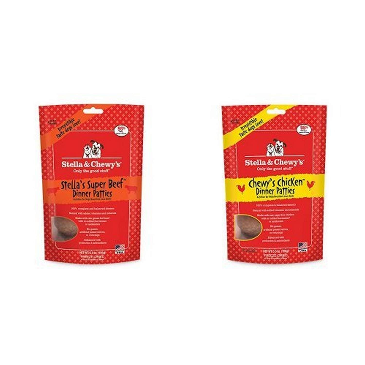 Two packs of Stella & Chewy's Freeze-Dried Raw Dog Dinner Patties in a variety pack, featuring different flavors for dogs.