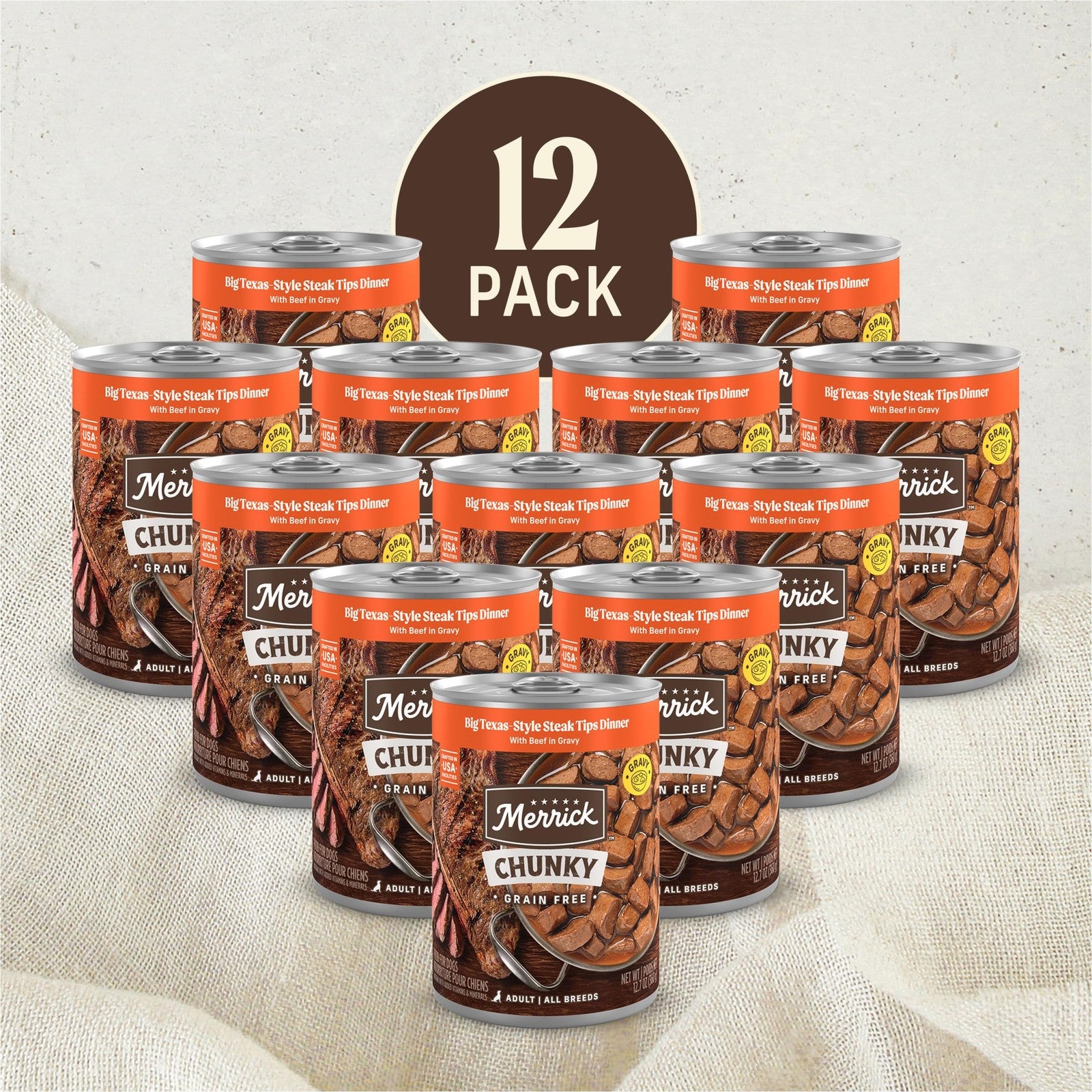 Canned Merrick Chunky Grain-Free Dog Food with real meat, showing a close-up of the chunky, wholesome dog food in a bowl.