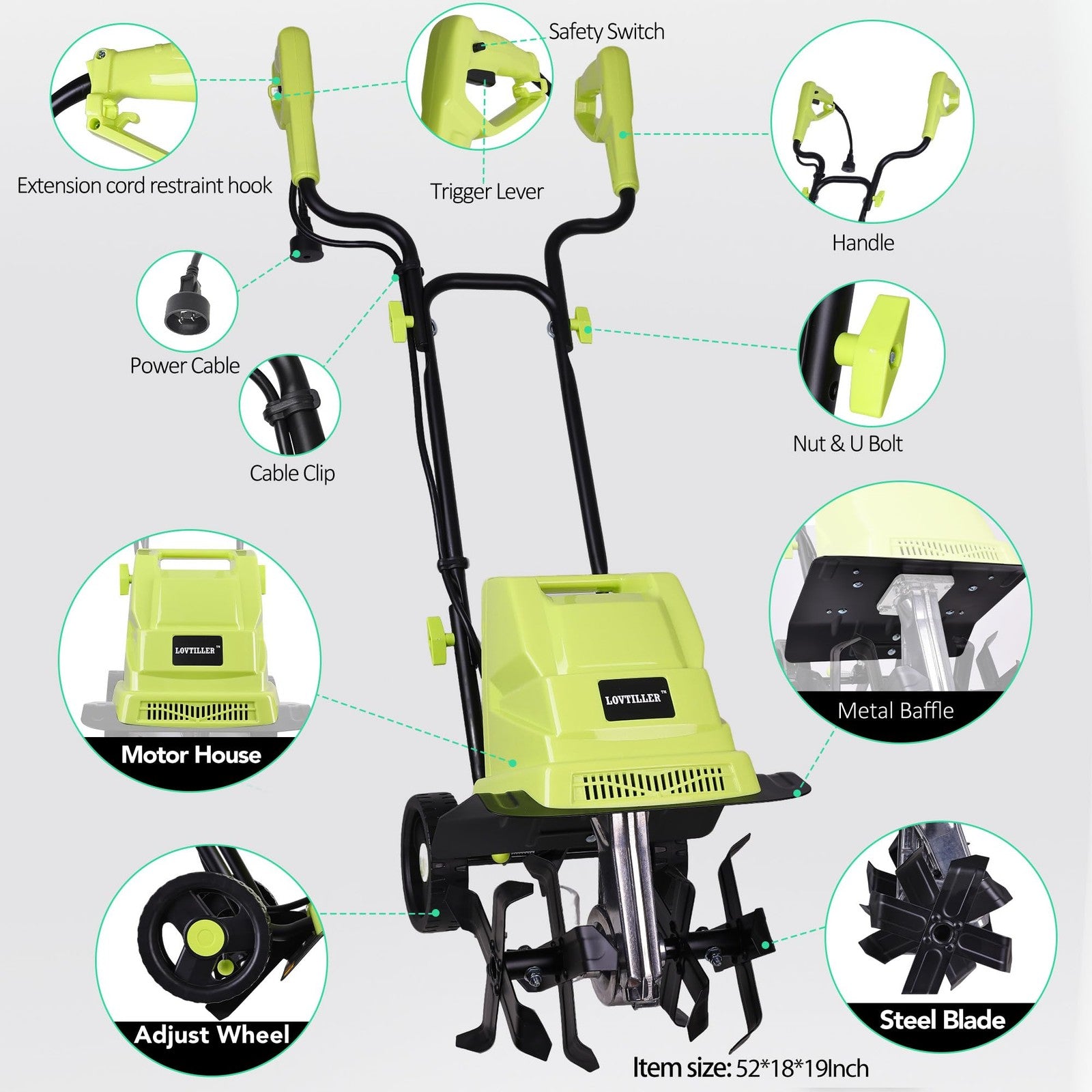 Small 12-inch electric garden tiller with 13.5 Amp motor, corded cultivator for soil preparation and gardening tasks.